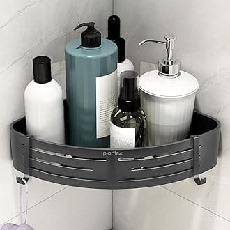 Plantex Corner Shelf for Bathroom Wall/Self Adhesive Bathroom Shelf Rack/Bathrooms Organiser Without Drill/Side Corner Shelf with Removable Hooks -(9 x 9 inches, Matt Grey)