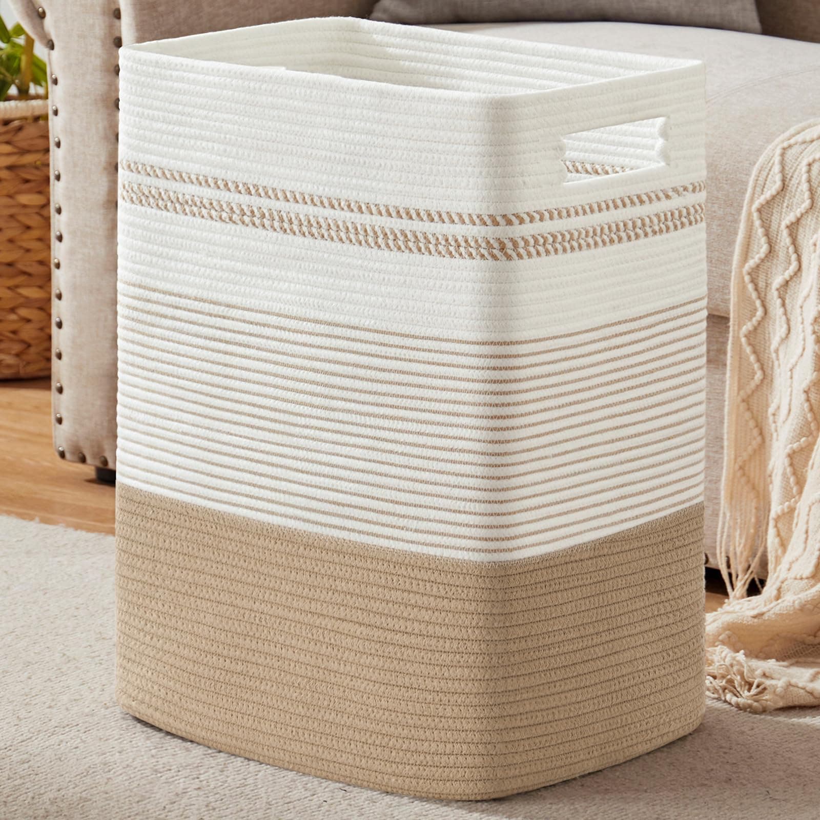 Laundry Hamper, Large Woven Rope Tall Laundry Basket with Handles, 22" X 17" X 13", Decorative Storage Basket for Clothes and Blankets in Living room, Bedroom, Jute & White