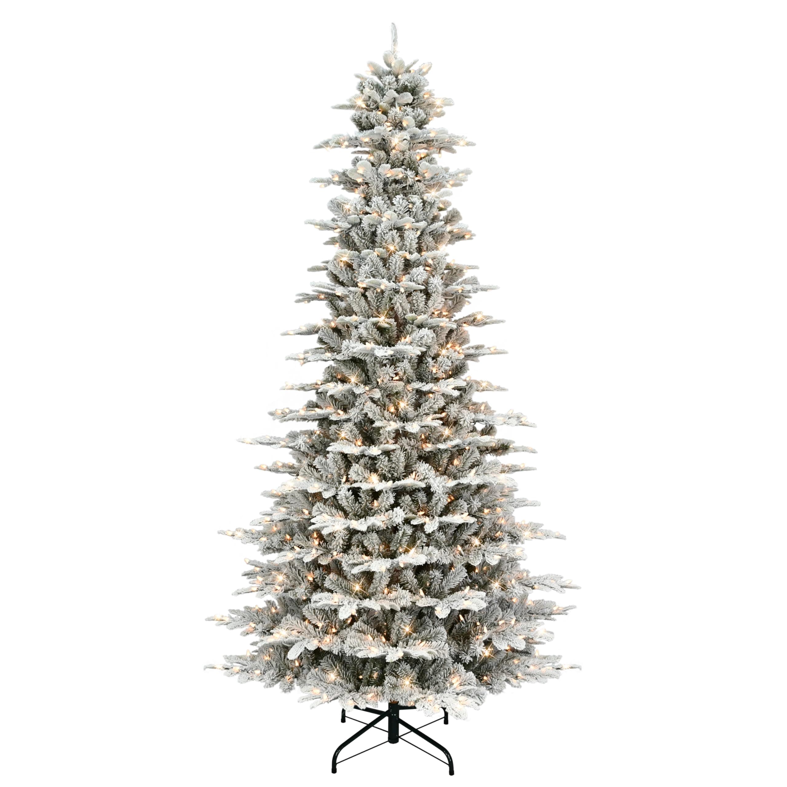 9 ft Pre-lit Slim Flocked Aspen Fir Tree, 1451 PE/PVC Tips, 700 UL Clear Incandescent Lights, On/Off Foot Pedal