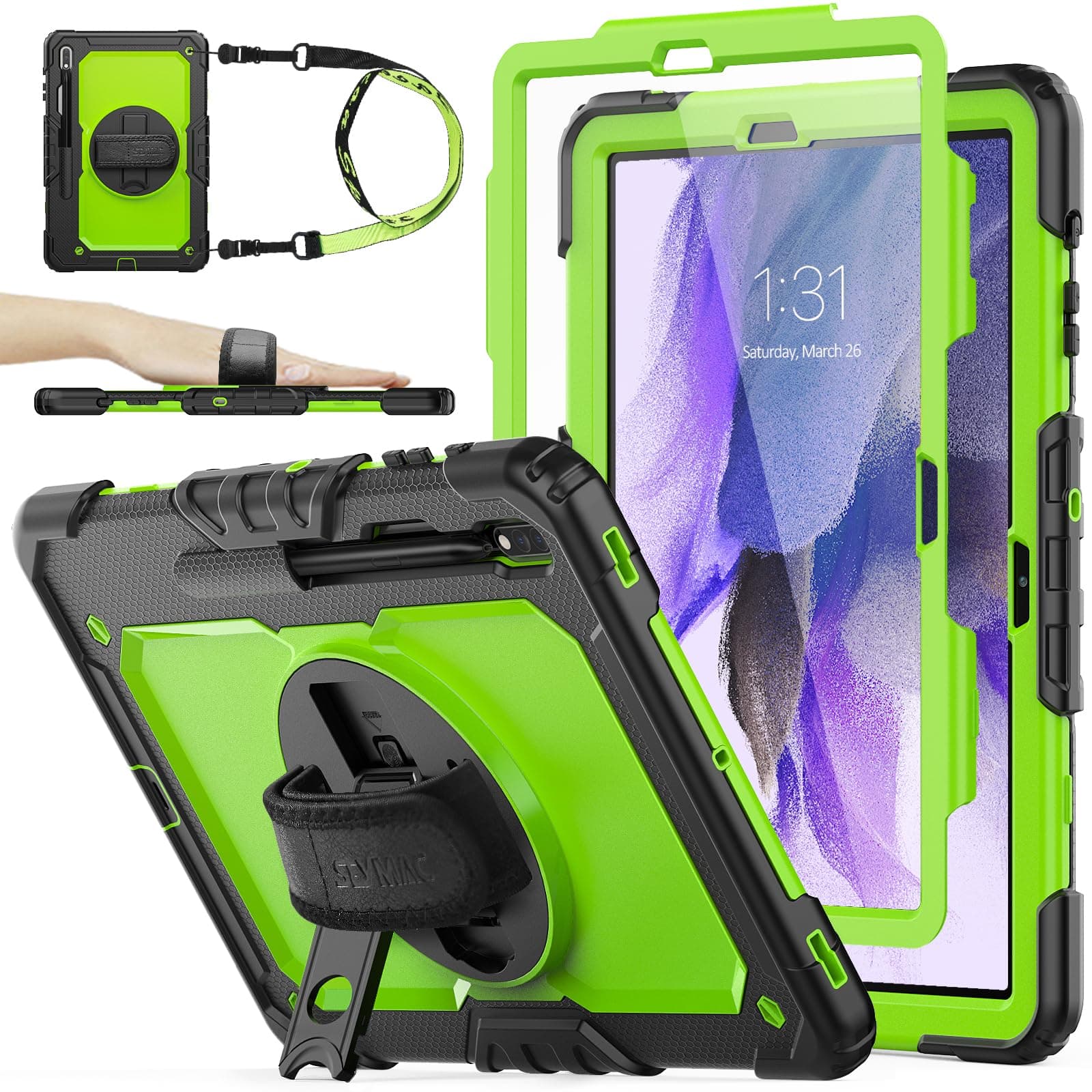 SEYMAC stock Case for Samsung Galaxy Tab S7 FE / S8 Plus 5G Case 12.4'' with Screen Protector Pencil Holder [360 Rotating Hand Strap] &Stand, Drop-Proof, Green/Black