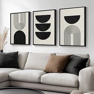 Framed Boho Wall Art for Living Room, Large 3 Piece Neutral Geometric Black and Beige Abstract Pictures Wall Art Decor, Farmhouse Vintage Artwork Home Decor for Hallway Office Guest Room 24x36 Inch