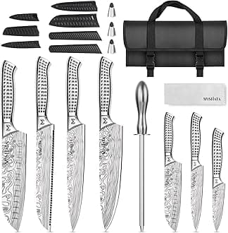 - MOSFiATA Kitchen Knife Set, 12 Pcs Japanese Stainless Steel Knife Sets for Kitchen with Oxford cloth storage bag with Knife Sharpening Rod, Dishwasher Safe, For Outdoor