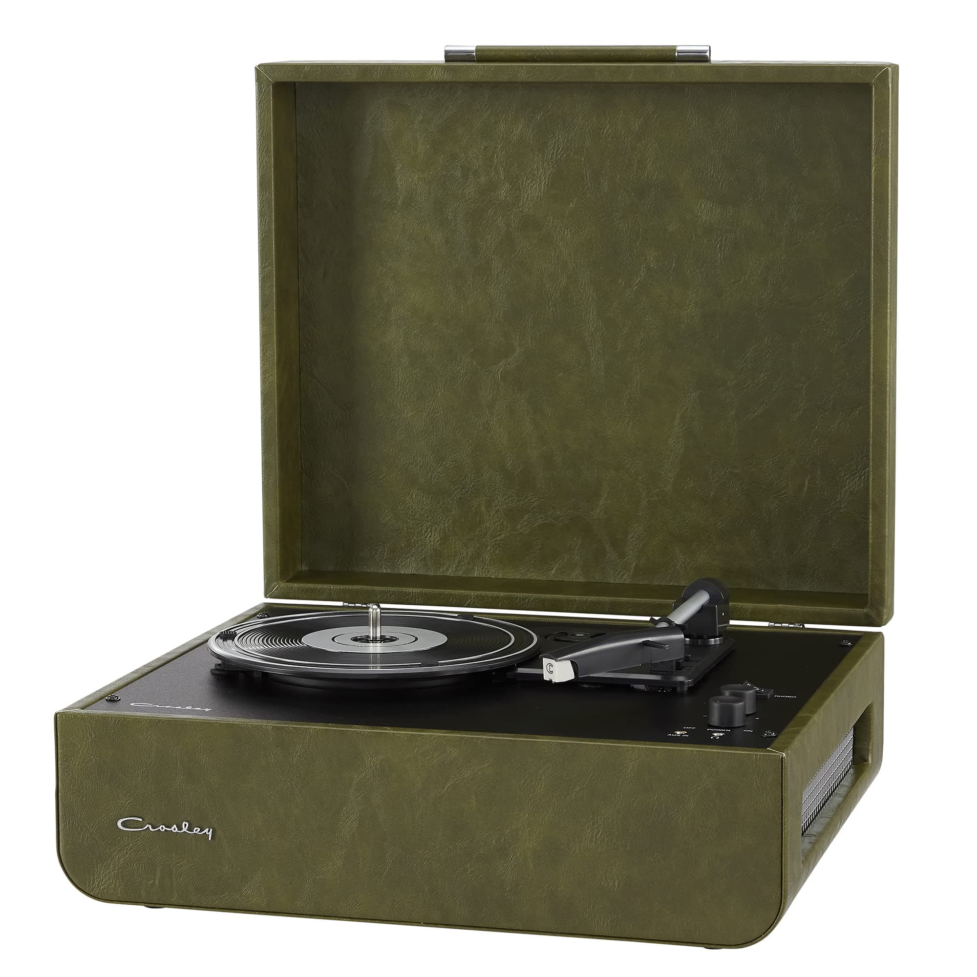 Crosley Mercury Retro Record Player with 2 Speakers, Bluetooth In/Out & AUX - 3 Speed Record Player - For 7", 10" and 12" Vinyl - Portable with Integrated Case - Green Leather Look