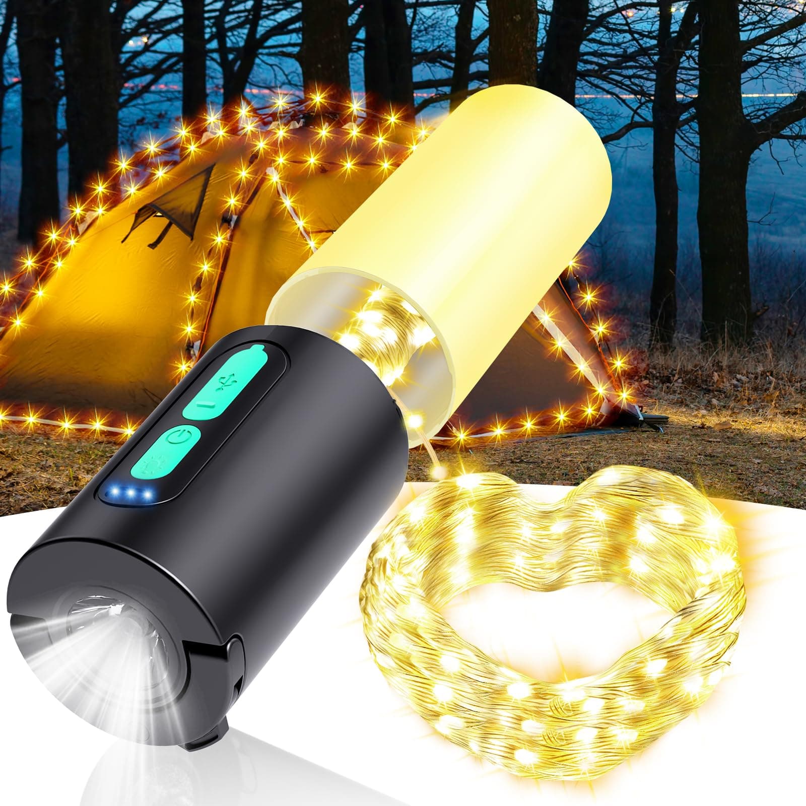 AUDLESCamping String Lights, 33Ft With Lanterns (4 in 1 Design), 4000mAh Charger, 7 Modes, IPX6 Waterproof, Rechargeable Flashlights for Outdoor, Hiking