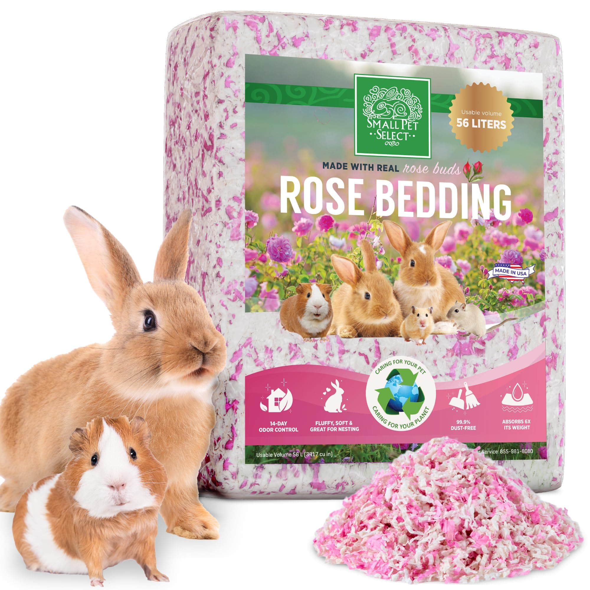 Rose Bedding, Paper Bedding with Real Rose, Soft Animal Bedding with Odor Control for Guinea Pig, Rabbit, Hamster, or Bunny, Cage Accessories, Made in USA, 56L