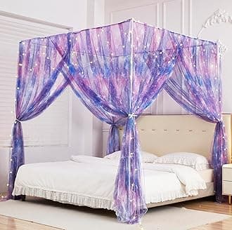 Mengersi Tie Dye Canopy Bed Curtains with Lights,Gradient Ombre Bed Canopy for Girls,Princess Bed Drapes for Girls Room Decor(California,Purple)