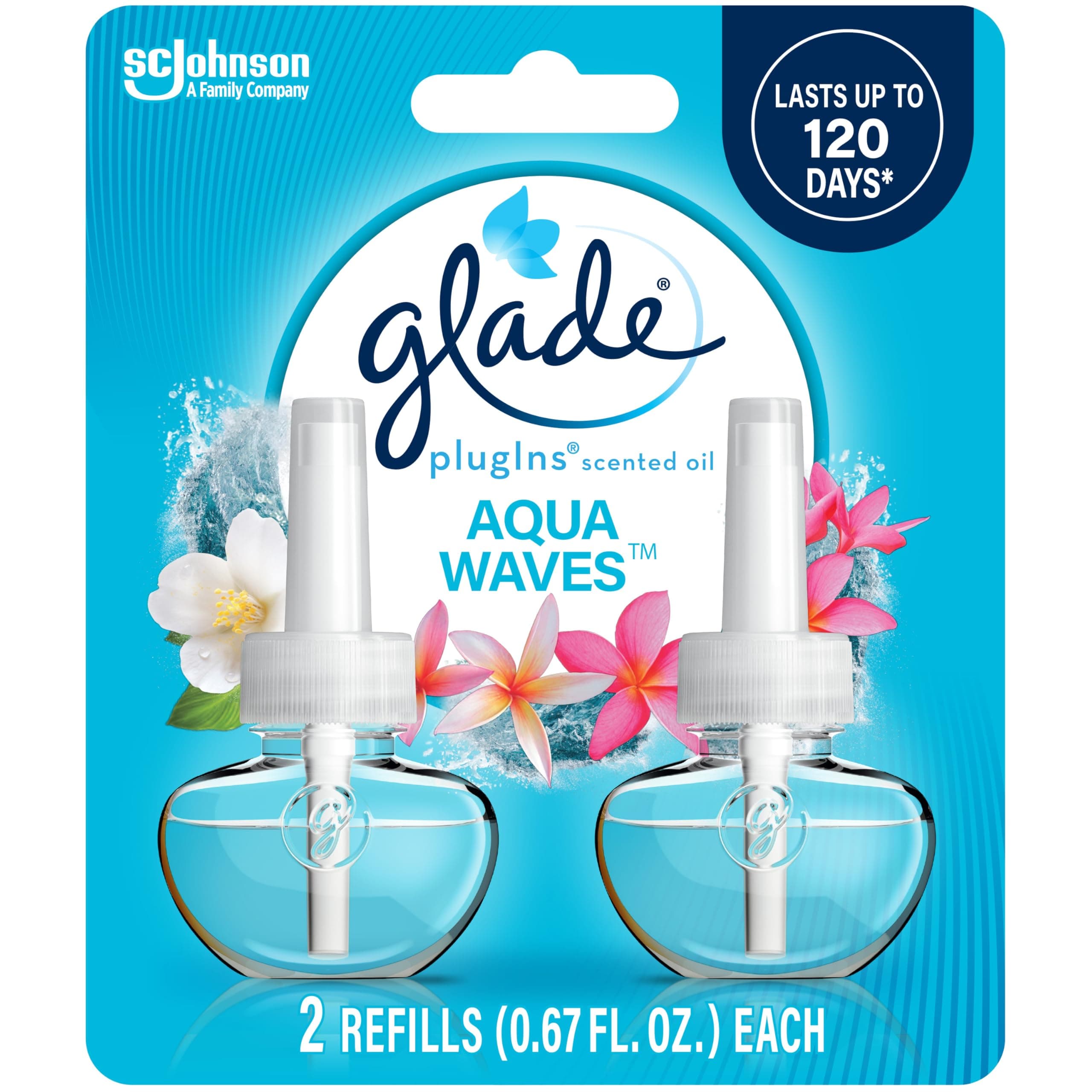 Glade PlugIns Refills Air Freshener, Scented and Essential Oils for Home and Bathroom, Aqua Waves, 1.34 Fl Oz, 2 Count