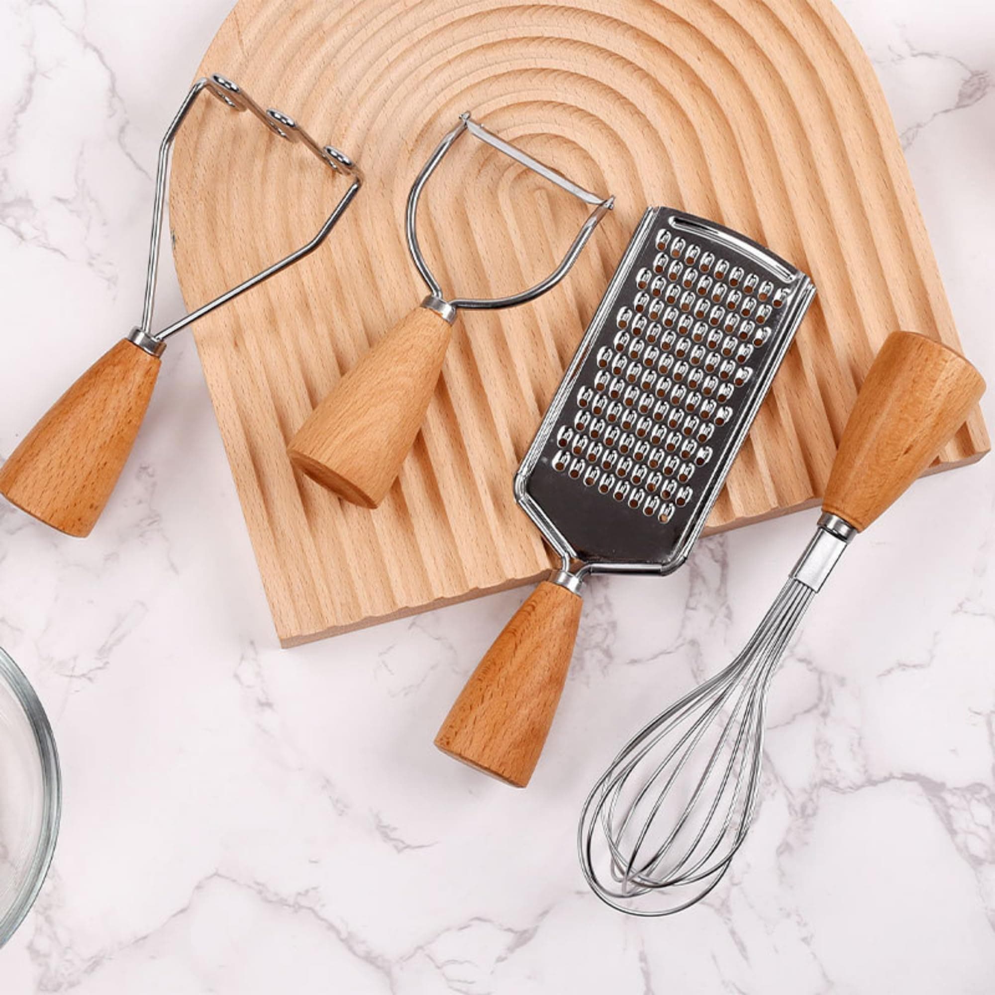 HomeEssentials Stainless Steel Kitchen Gadget Set - Whisker for Kitchen | Grater Stainless Steel | Potato Masher | Vegetable Peeler | Wooden Handles | Essential Kitchen Tools (Set of 4)