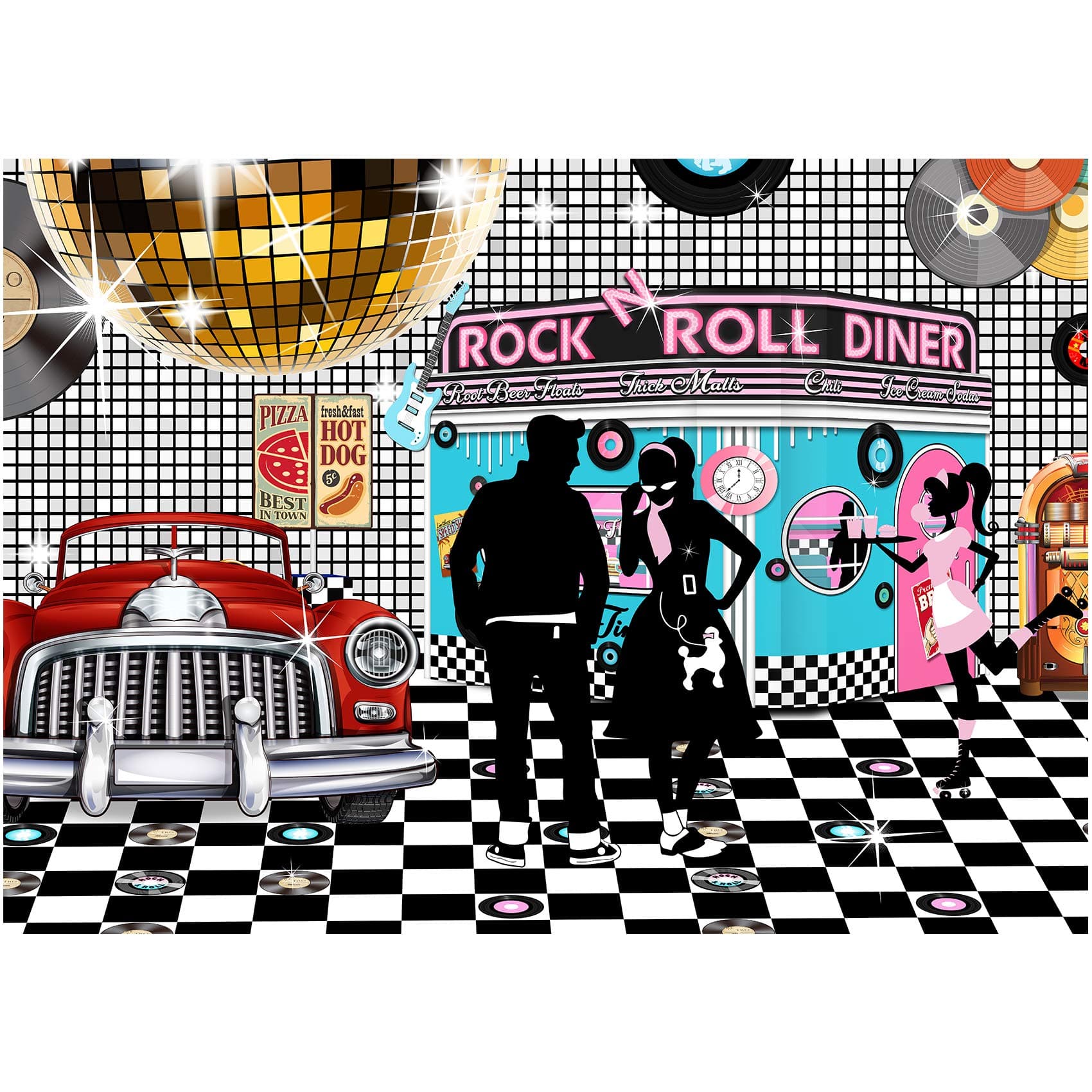 50s Diner Backdrop Large Banner Decoration Dessert Table Background Photobooth Prop Non-washable 7x5feet