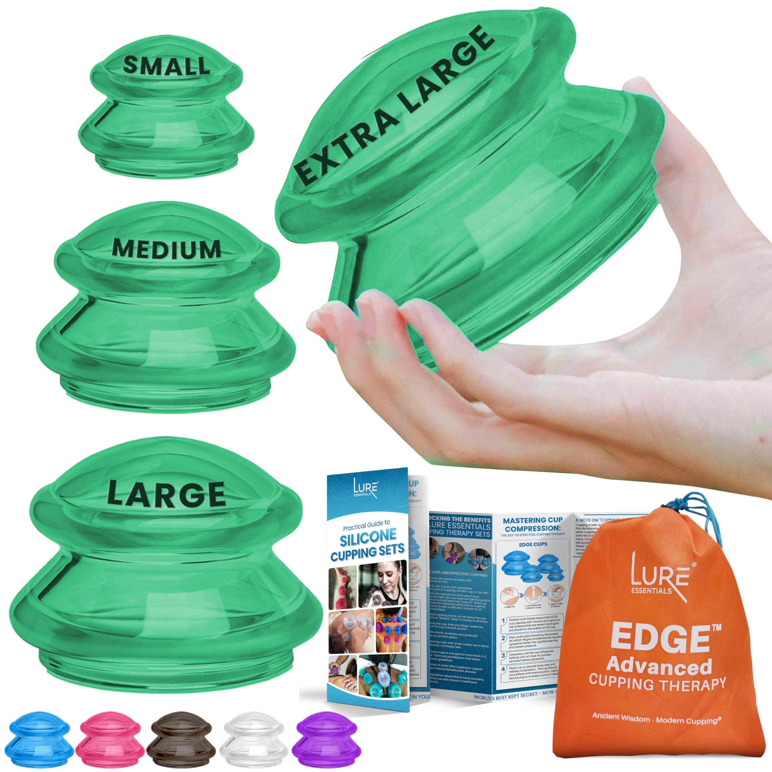 Lure Essentials Silicone Cupping Therapy Set Professional Massage Cupping Cups for Cupping Therapy 4 Cup Kit for Massage, Myofascial Release, Cellulite Reduction Green)