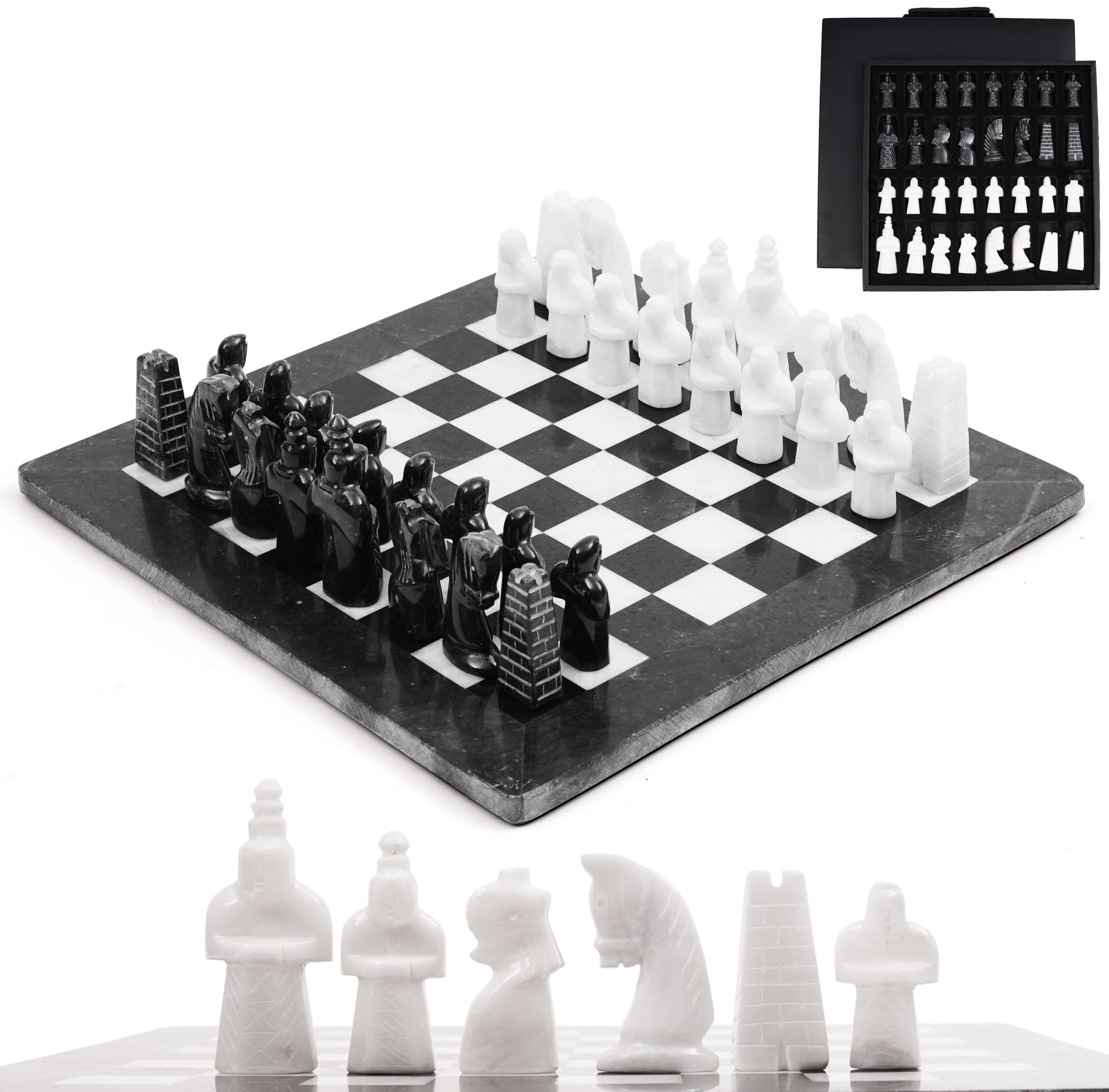 Radicaln Marble Antique Chess Set with Storage Box 15 Inches Black and White Handmade Board Game 2 Player Classic Chess Sets for Adults Board & 32 Chess Pieces
