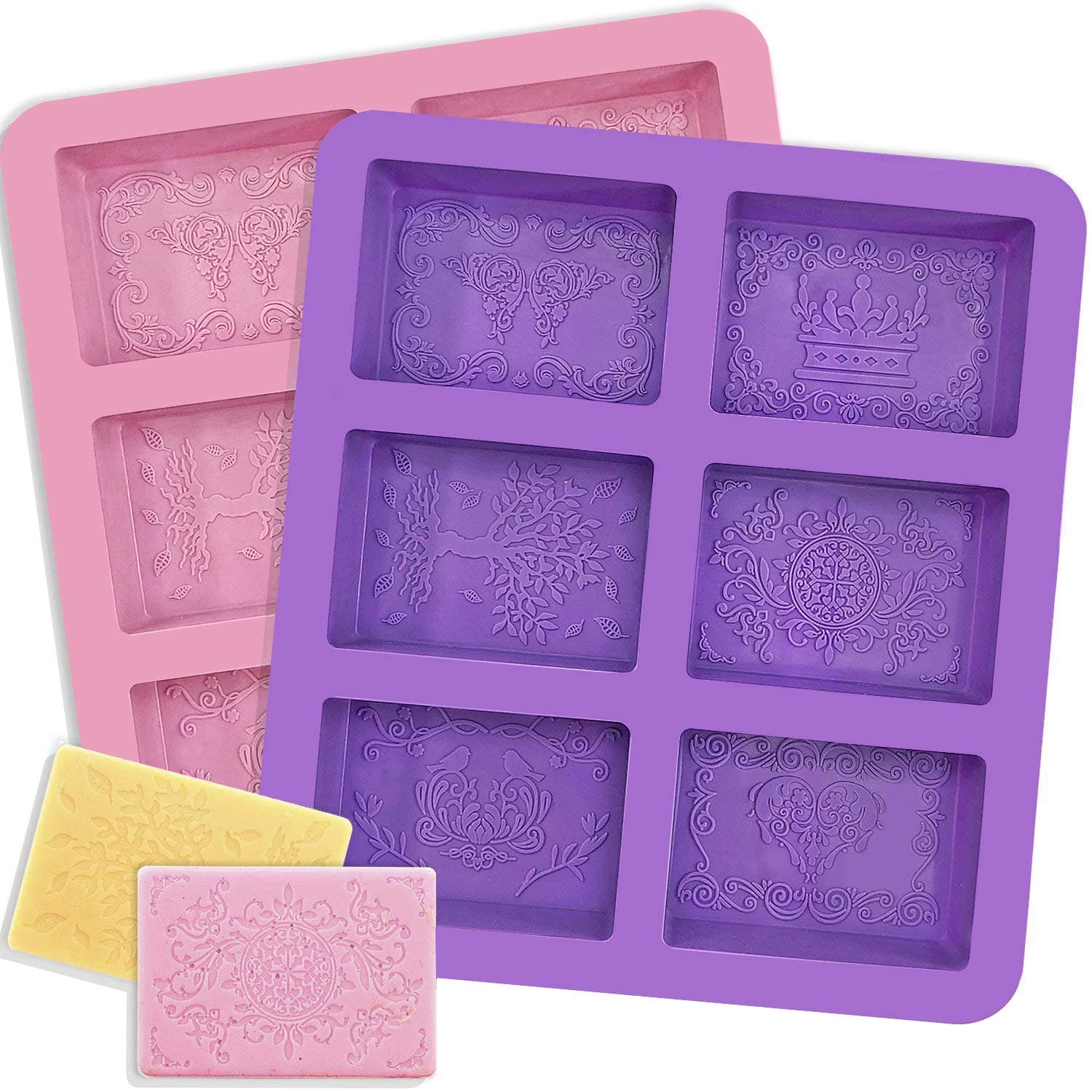 YGEOMER Rectangle Silicone Soap Molds, 2pcs 6 Cavities Molds, 12 Mixed Patterns, for Making Soaps, Ice Cubes