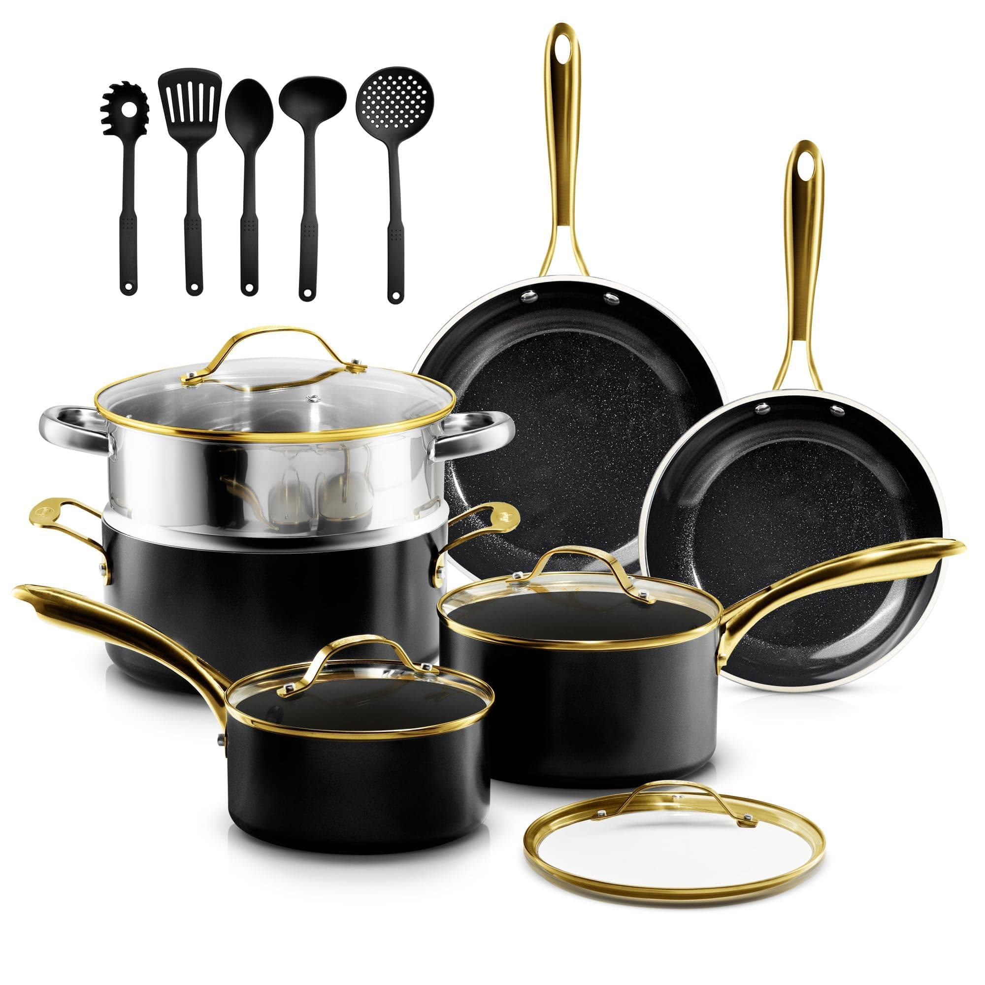 Gotham Steel 15 Pc Ceramic Pots and Pans Set Non Stick, Kitchen Cookware Sets, Pot and Pan Set, Ceramic Cookware Set, Non Toxic Cookware Set, Non Stick Pots and Pan Set, Dishwasher Safe - Black Gold