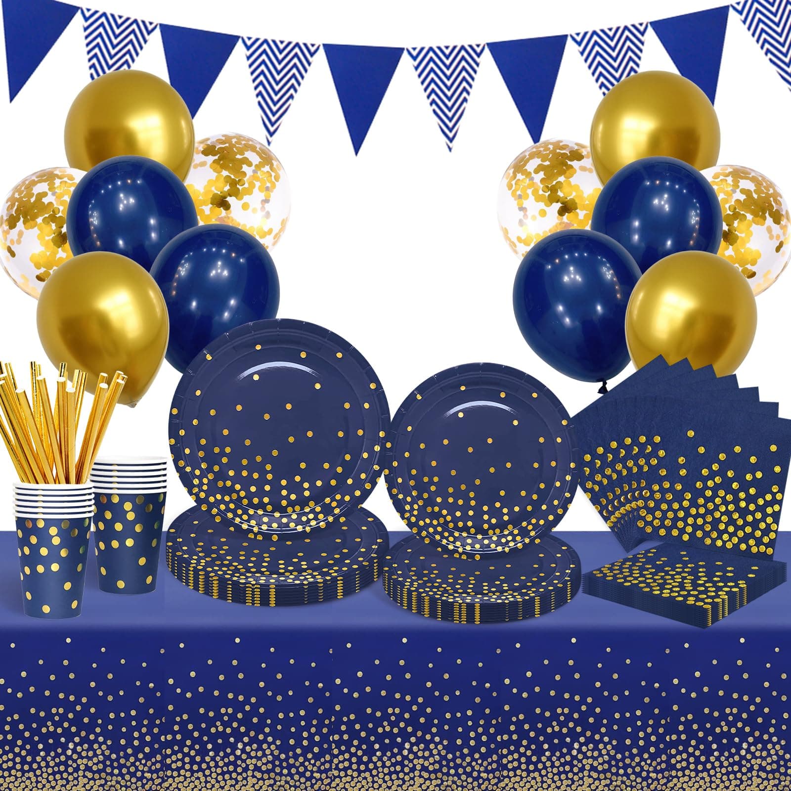 Party Tableware Navy Blue Gold, Birthday Tableware Set, Paper Plates Napkins Cups Straws Tablecloth Balloons, for Wedding Engagement, Baby Shower, Christmas Party Supplies Decorations, 20 Guests