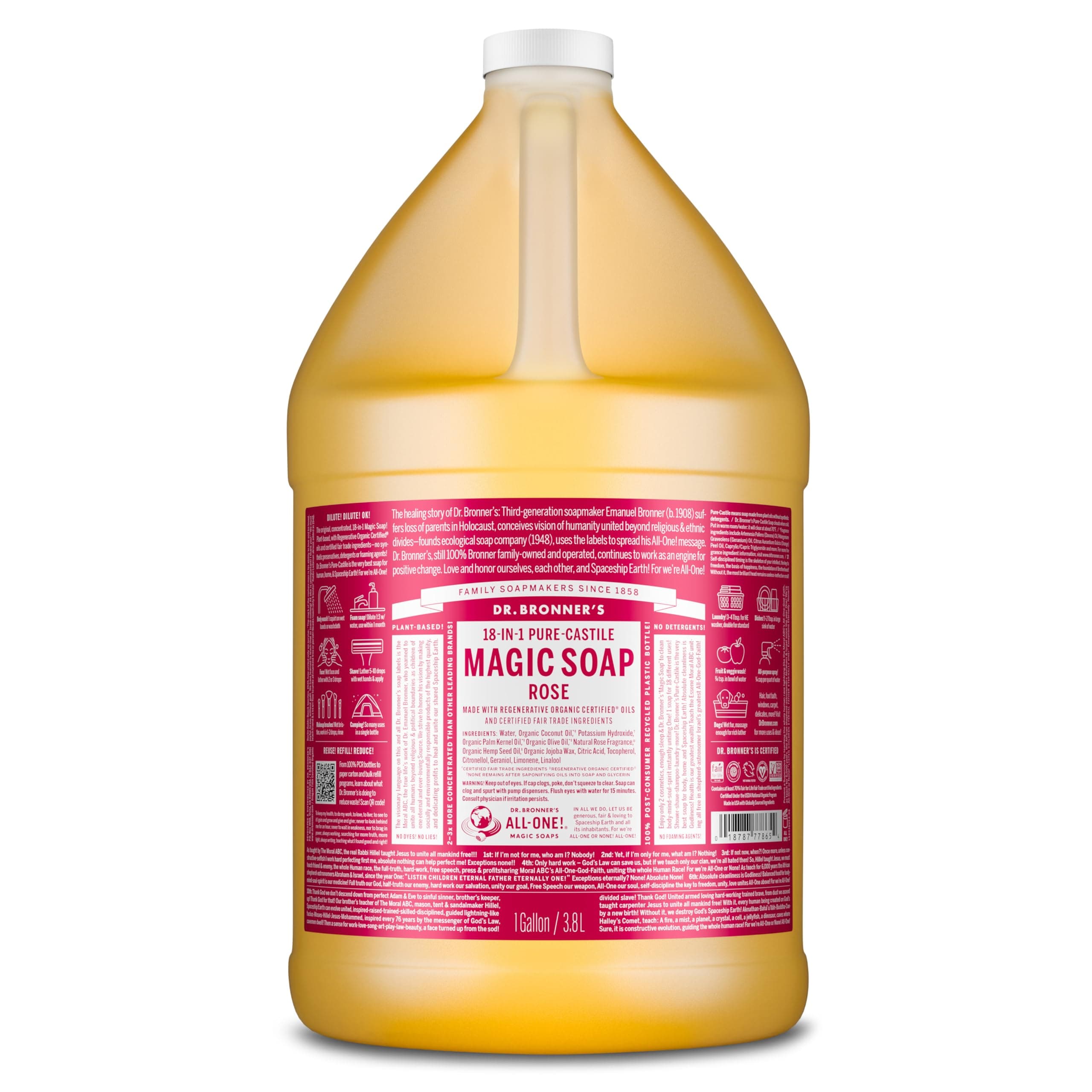Magic Soap Pure-Castile Liquid Soap (Rose, 1 Gallon) - Made with Organic Oils, 18-in-1 Uses: Face, Body, Hair, Laundry, Pets and Dishes, Concentrated, Vegan, Non-GMO