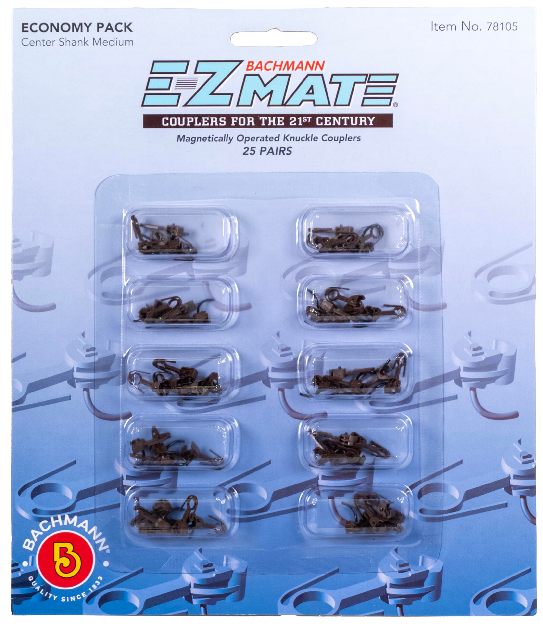 Bachmann Trains - E-Z MATE COUPLERS - ECONOMY PACK (25 pair) - CENTER SHANK - MEDIUM - HO Scale