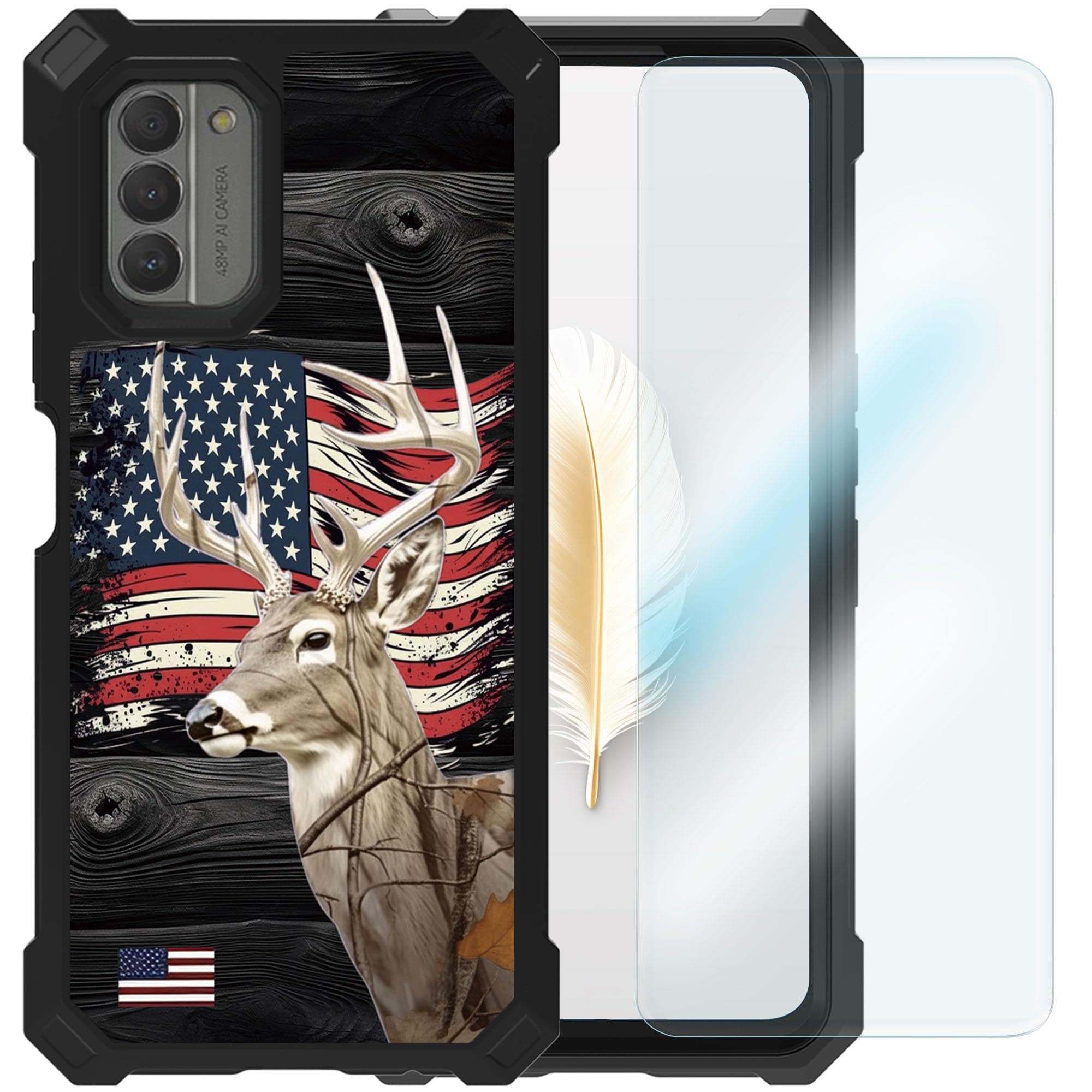 RYUITHDJP for Nokia C300 Phone Case 6.52" with Tempered Glass Screen Protector Deer American Flag Design Case for Nokia C300 Case Shockproof Durable Cover