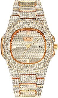 PINTIME Mens Diamond Watches Luxury Unisex Silver Gold Iced-Out Bling CZ Crystal Fashion Quartz Womens Watch