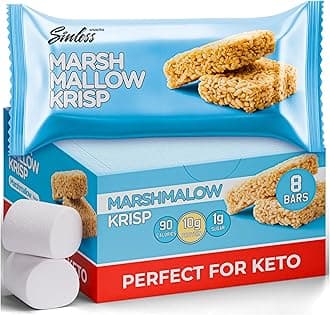 Sinless Snacks Delicious Marshmallow Krisp Bar - Low Carb Keto Snack - 10g Protein 2g Net Carbs - New Improved Recipe, More Soft & Chewy - Gluten Free, Low Sugar, Perfect Snack for the Family - 8 Bars