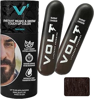 VOLT Grooming Temporary Instant Beard Color for Men Quick-Dry Plant-Based Brush On Beard, Hair, Mustache & Brow Color, For Sensitive Skin, Burnt Umber Deep Dark Brown, 2-Pack Refill, 90+ Applications
