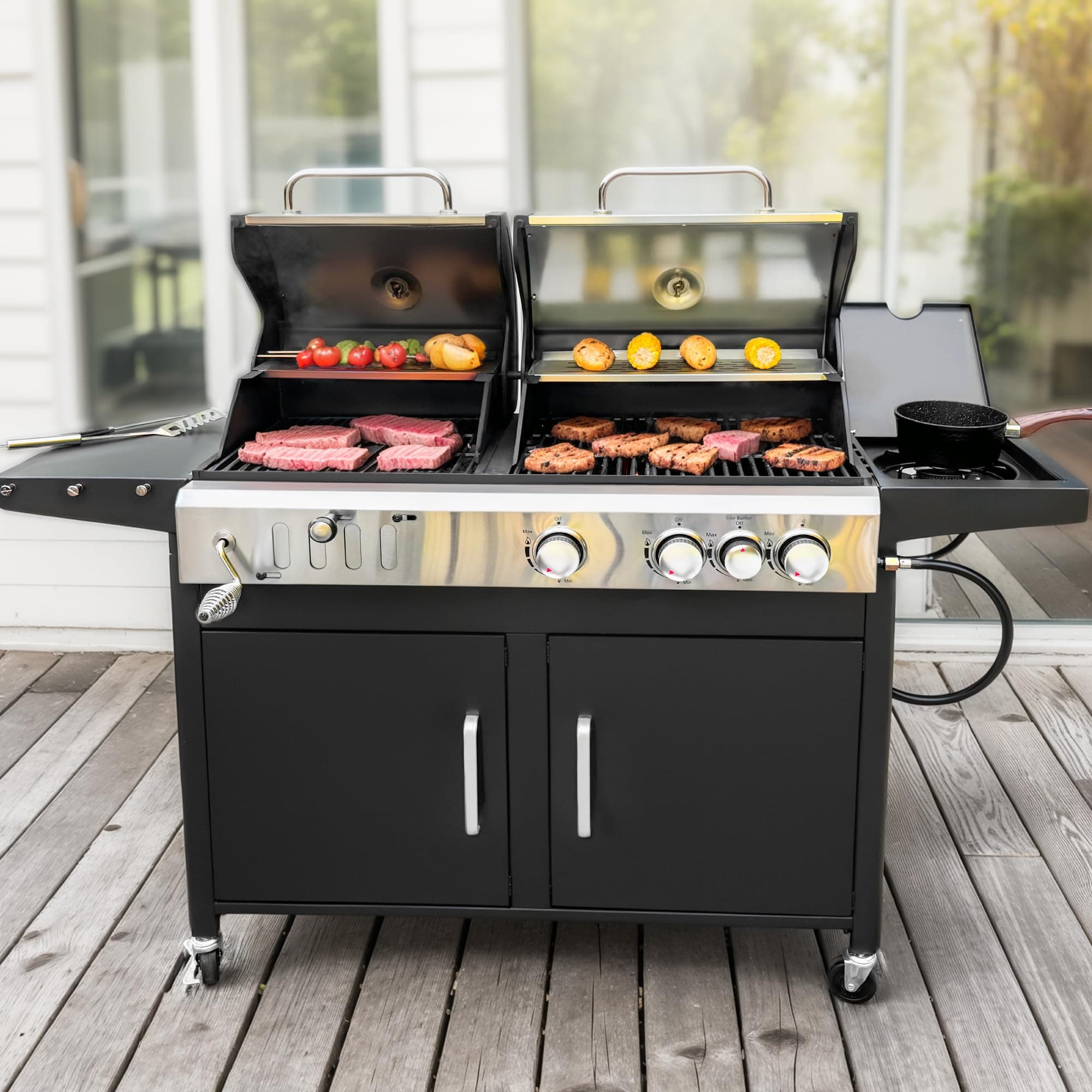 - 3 In 1 Gas and Charcoal Grill Combo with Side Burner, Porcelain-Enameled Cast Iron Grate, Extra Large Dual-Function BBQ Propane Grills for Outdoor Barbecue Cooking, 690 SQIN Cooking Area