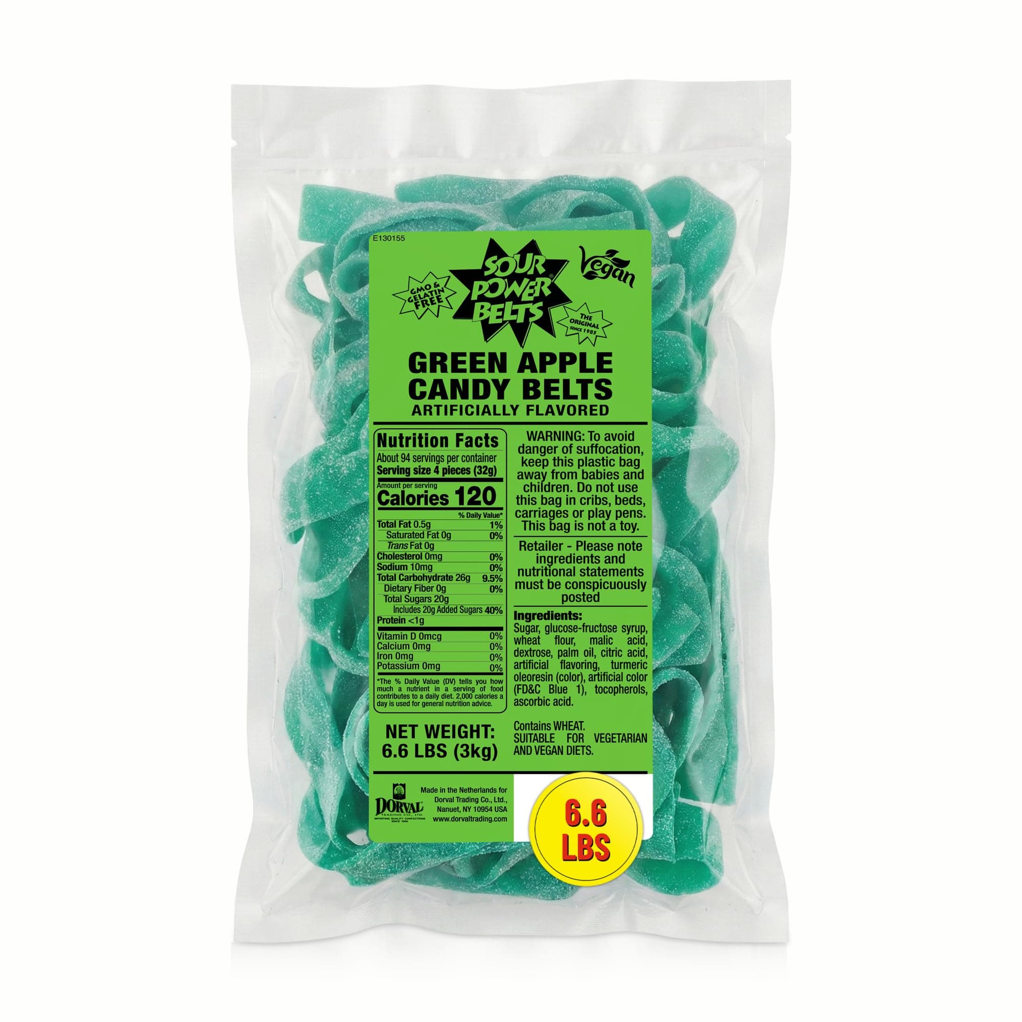Sour Power Premium Candy Belts, Green Apple, 6.6 lb (Pack of 3)