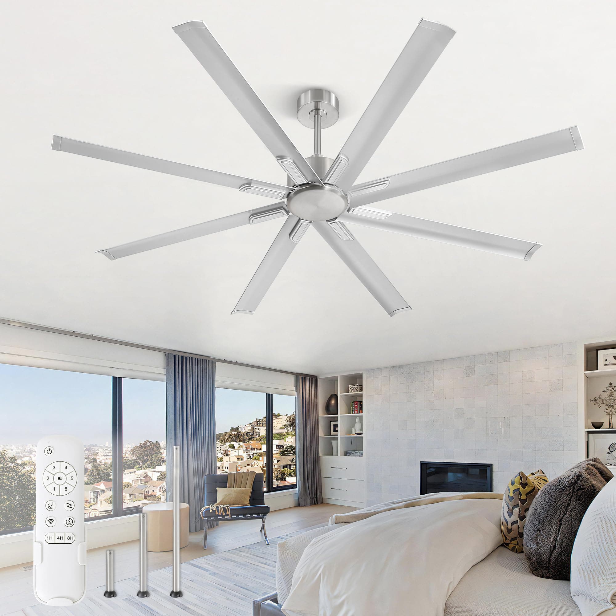 ZMISHIBO 72 Inch Ceiling Fan No Light, Large Black Ceiling Fan with Remote, Quiet DC Motor, and 6 Speeds, Indoor/Outdoor Industrial Ceiling Fans 8 Aluminum Blades for Patio, Garage, Shop, Nickel