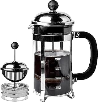 Vintage French Press Coffee Maker 600ml, 4-Level Filtration System for Sediment-Free Coffee, Heat-Resistant Durable Borosilicate Glass, Measurement Marking, Silver