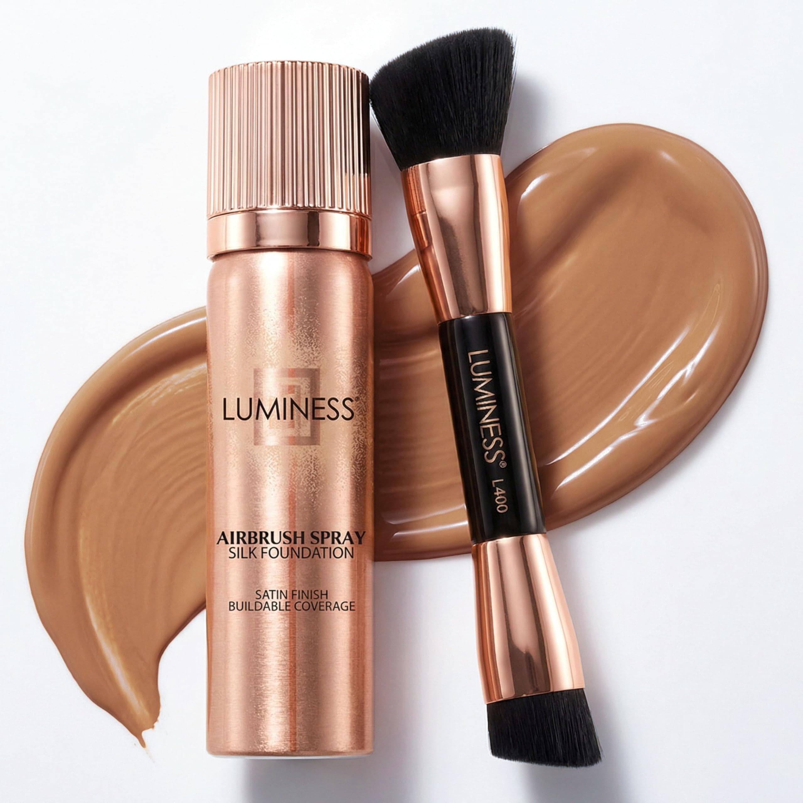 Silk Airbrush Spray Foundation & Buffing Brush Kit – Full Coverage Foundation & Dual-Sided Buffing Brush - Buildable Coverage, Anti-Aging Formula Hydrates & Moisturizes (Shade - Light Tan)