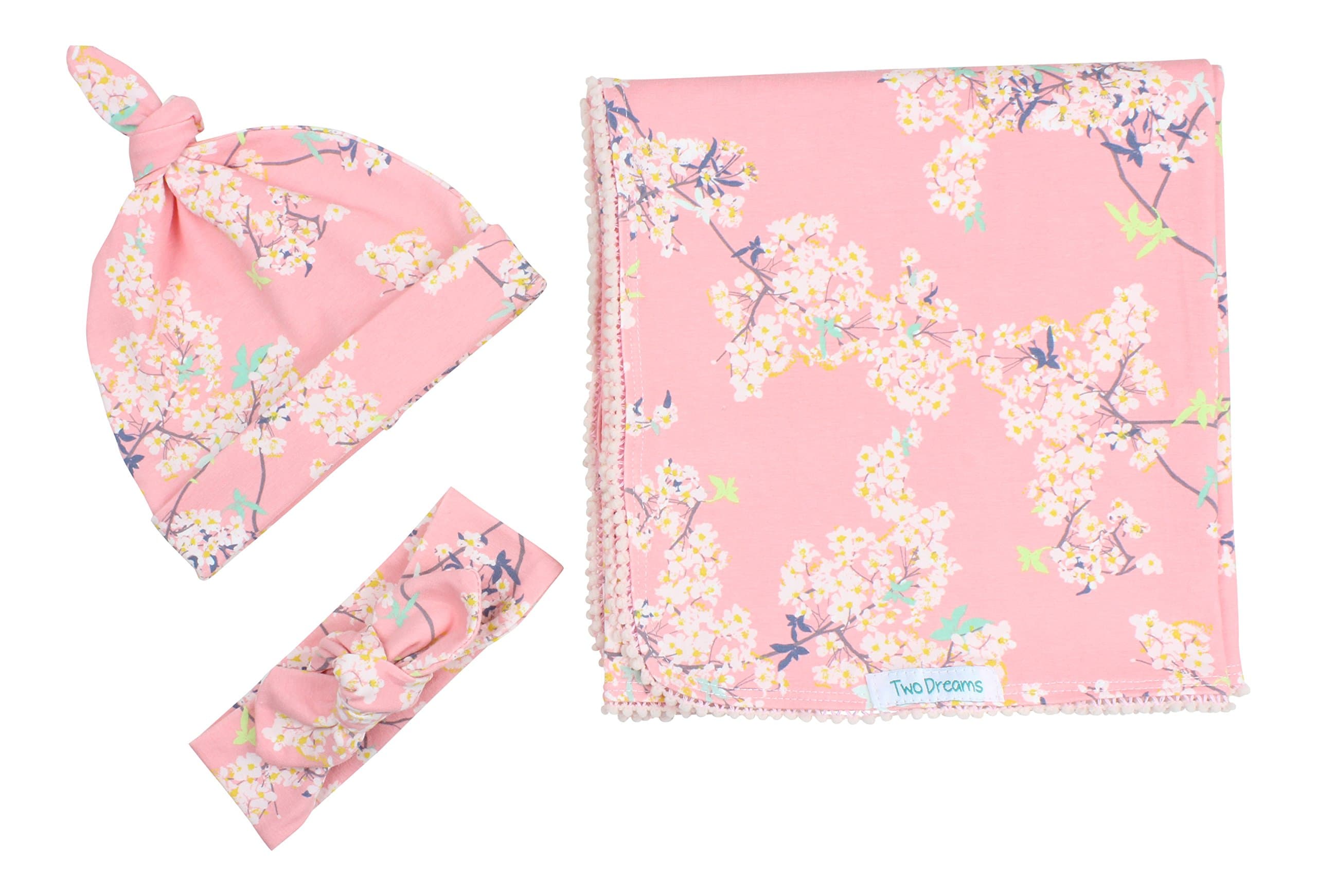 Pink Cherry Blossom Newborn Swaddle Set Swaddle Blanket Top Knot Hat Knot Headband Pink Pom Pom Blanket Jersey Swaddle Baby Blanket