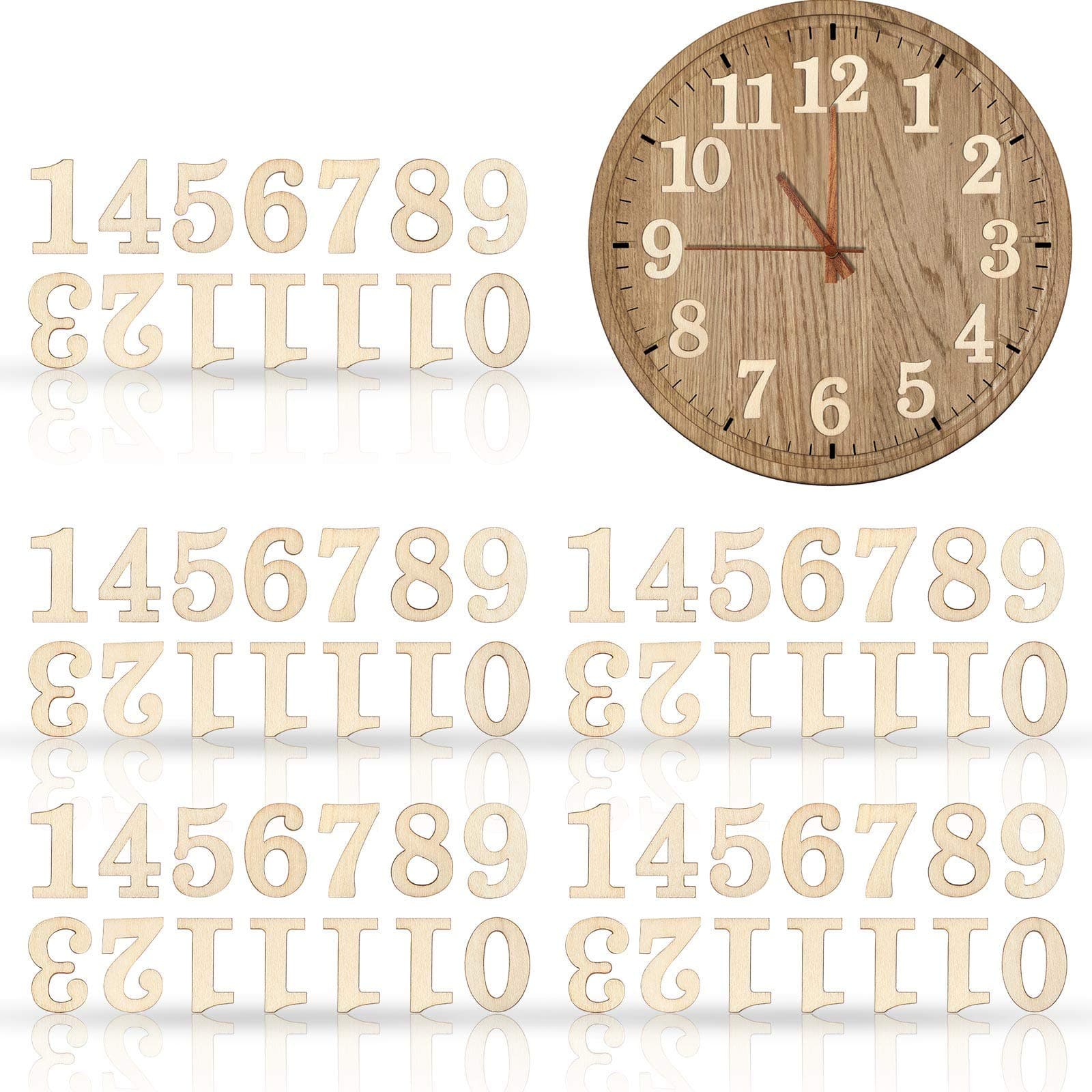Jetec 75 Pieces Wooden Clock Numbers Kit in 5 Sets Arabic Clock Numbers Self Adhesive Accessories for DIY Decoration(Original Color)