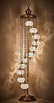 DEMMEX 11 Globe Turkish Moroccan Mosaic Floor Lamp, 7ft Tall - Tiffany Style Standing Decorative Boho Lamp with Colorful Globes for Bedroom, Living Room, Entryway – Handmade in Turkey, White-Clear