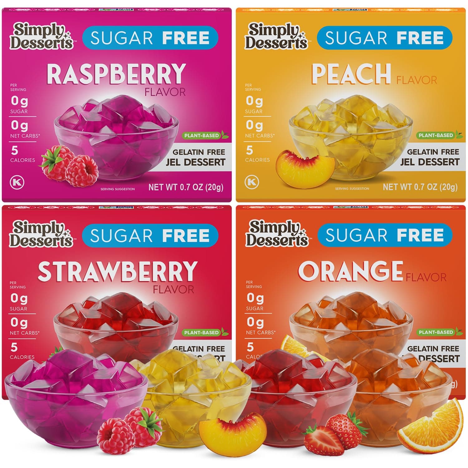 Simply Delish Vegetable Natural Variety Bundle Jel Dessert - 4 Pack (1) Raspberry, Peach, Strawberry and Orange - No Sugar, 0g Net Carbs, Gluten Free, Vegan, Diabetics and