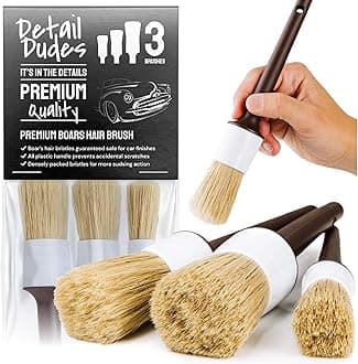 Ultra Soft Natural Boars Hair Bristle Car Detail Brushes - Set of 3 - Perfect for Washing Emblems Wheels Interior Upholstery Air Vents, No Metal Parts