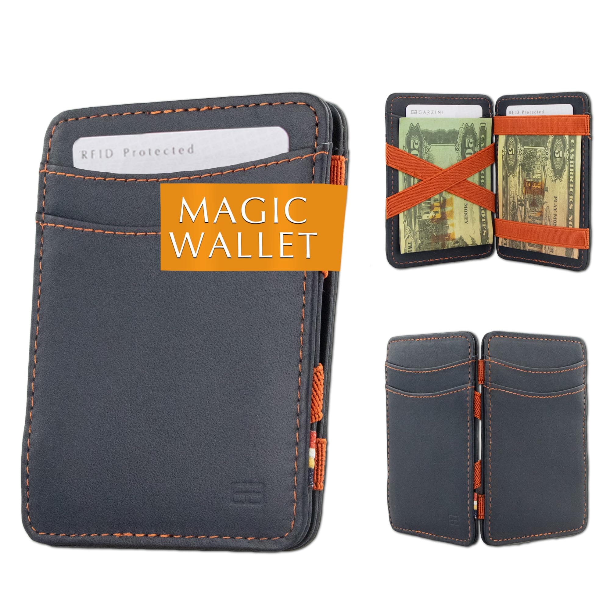 HUNTERSON Magic Wallet, Credit Card Holder RFID Blocking, Mens Wallet Leather for 8 Cards, Blue Orange