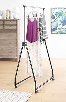 WhitmorFolding Garment Rack - Rolling Clothes Hanger - Adjustable Height - Black