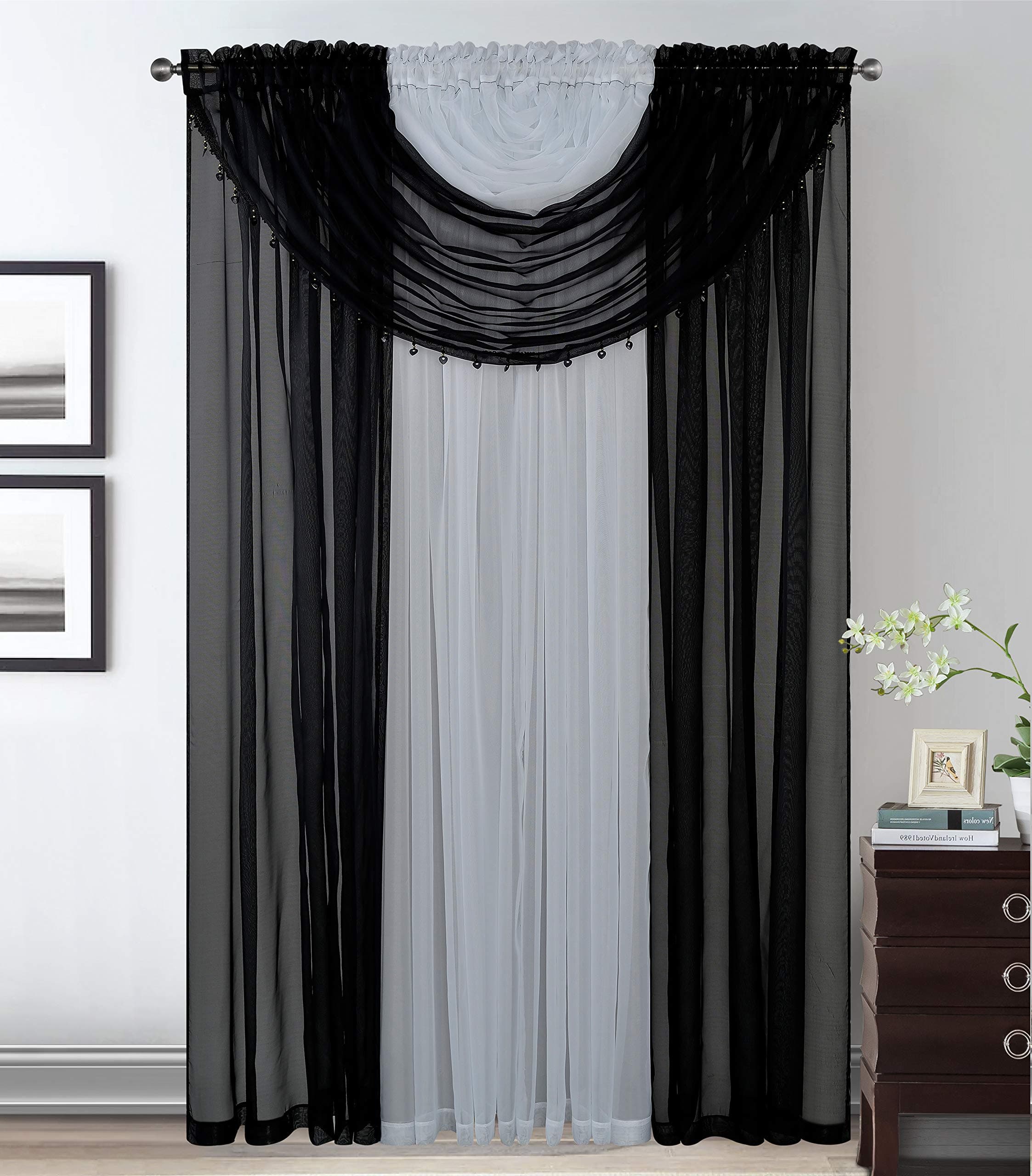 Elegant Home Complete Multicolor Window Sheer Curtain All-in-One Set with 4 Panels and 2 Valances with with Crystal Beads for Living Room, Dining Room, Or Any Other Windows- Laura (Black / White)