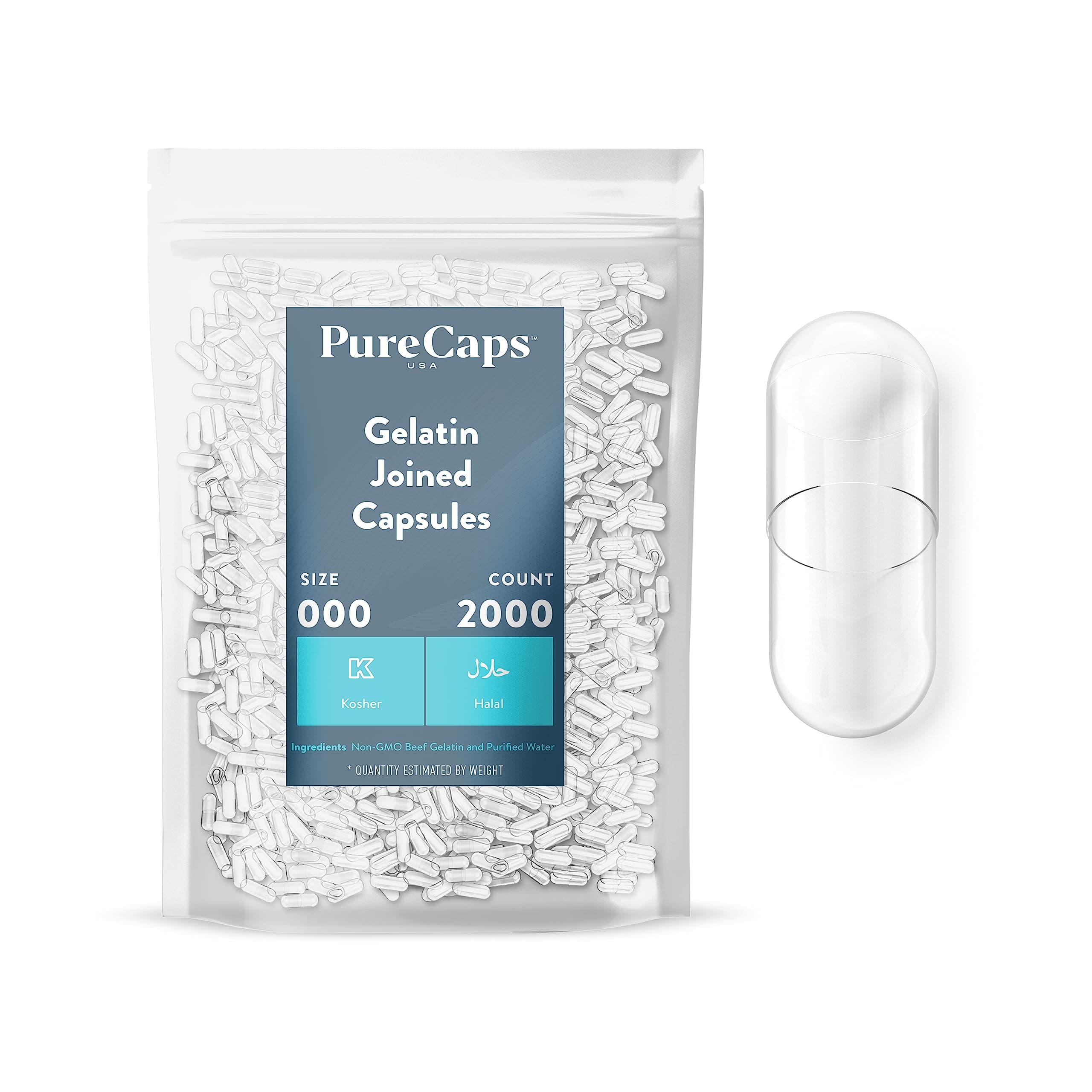 PureCapsUSA - Empty Gelatin Capsules, 2,000 Clear Size 000 Empty Joined Gel Pills, Non-GMO Certified, Kosher, Gluten Free and Halal Certified, Pure Beef Empty Gel Pill Capsules
