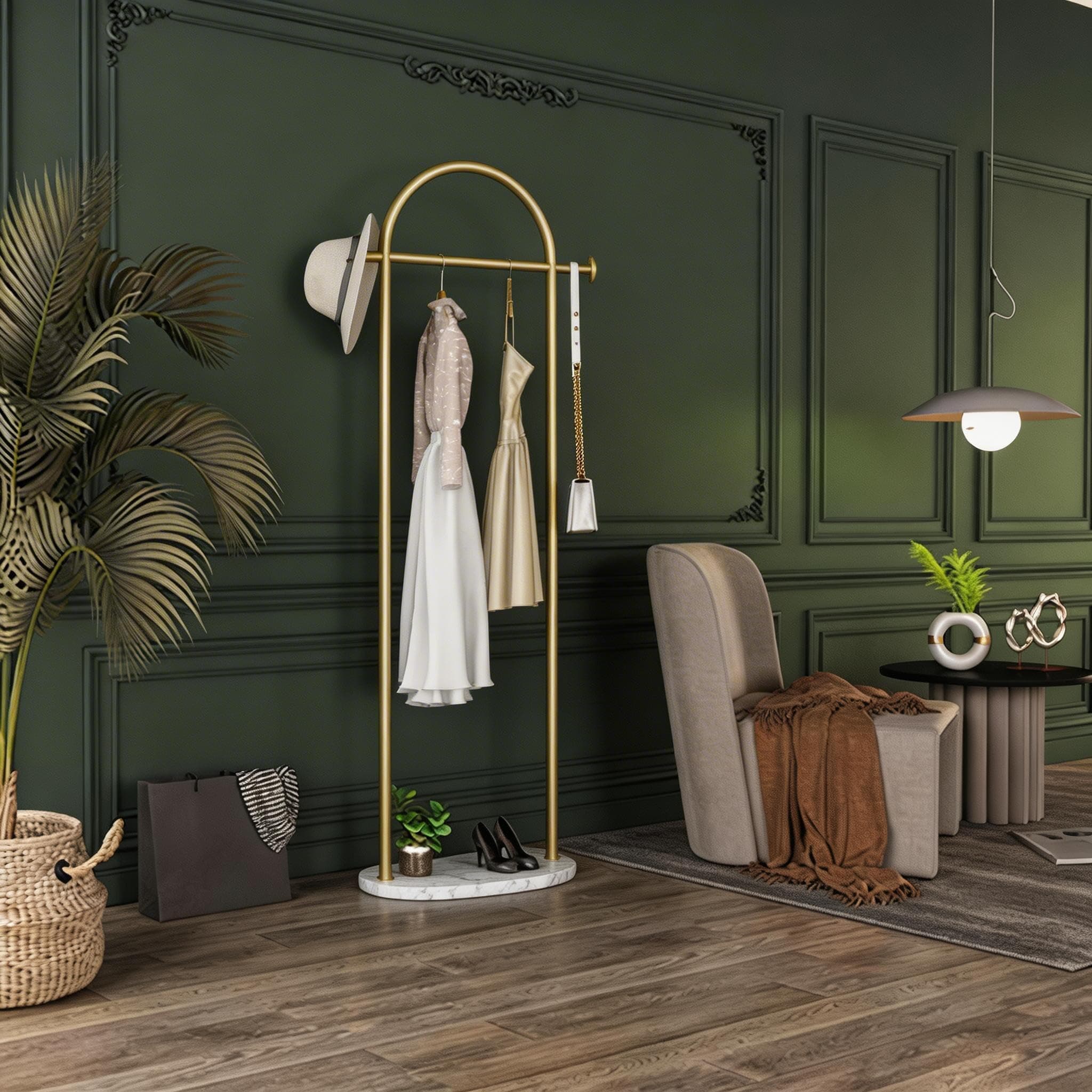 Gold Coat Rack, Modern Garment Rack with Marble Base, Heavy-duty Clothing Racks Freestanding, Can Hang Clothes, Hat, Scarf, Organize Shoes 19.7" W