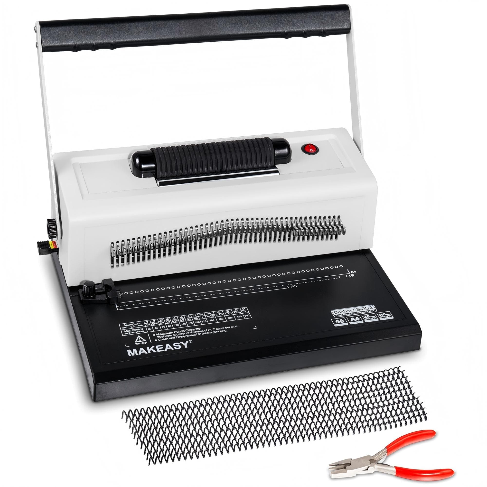 Spiral Coil Binding Machine with 46 Fully Disengaging Pins - 4:1 Pitch - Electric Coil Inserter - Adjustable Side Margin, Comes with Free 1 Box Coil Spines & Plier, 20 Sheet Punch Capacity