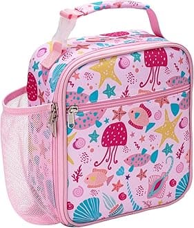 Sponsored Ad - Lunch Bag for Kids - Girls Lunch Box Insulated Leak-Proof and Reusable Lunch Bag for Girls With Water Bottle Holder Toddler Lunch Box for Daycare and School, Pink Marine Animals