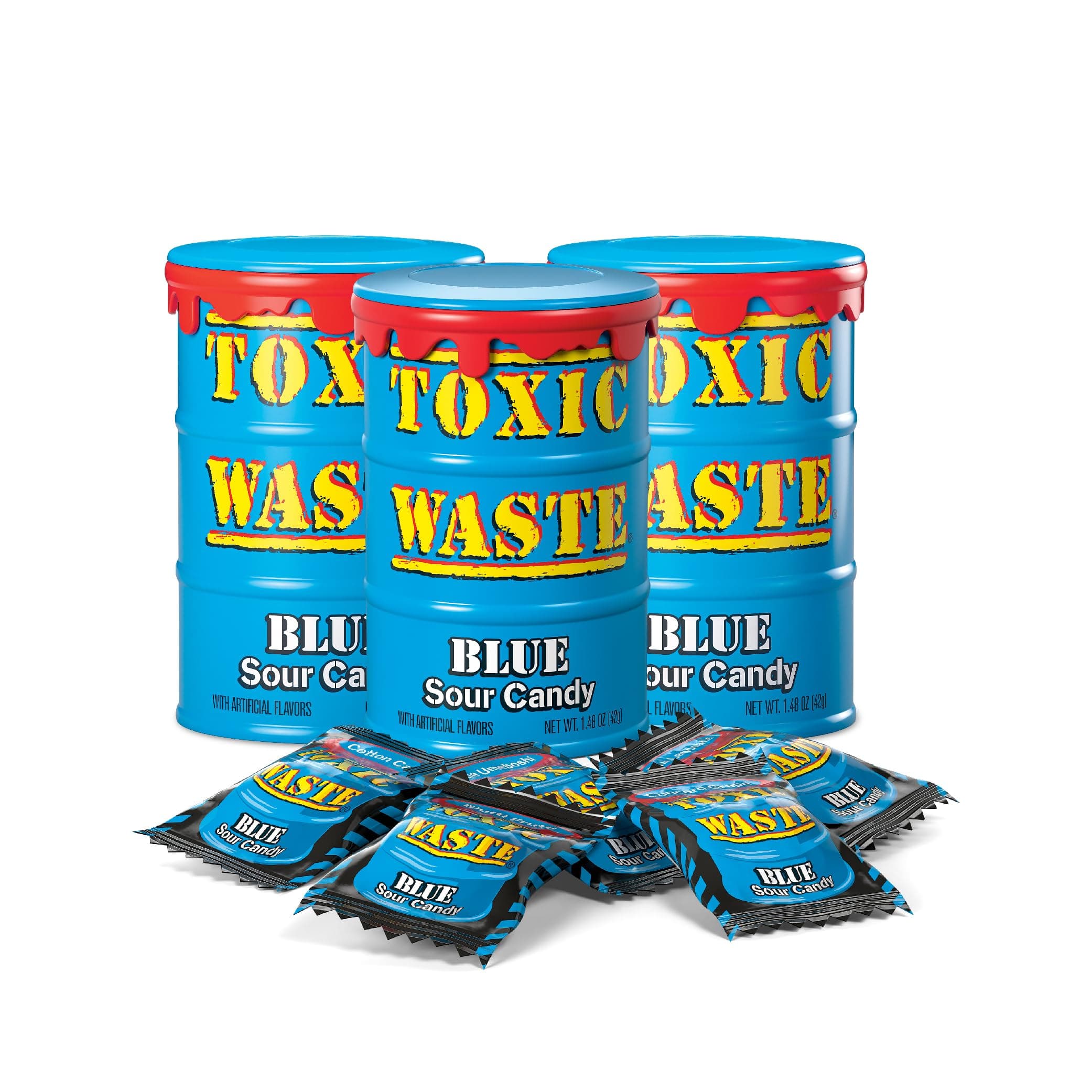 TOXIC WASTE - Hazardously Sour Candy Blue Drum - Lemonade, Cotton Candy, Blutti Frutti, Concord Grape, & Bl Umeboshi Flavors - 1.48 oz. Drums - 3-Pack