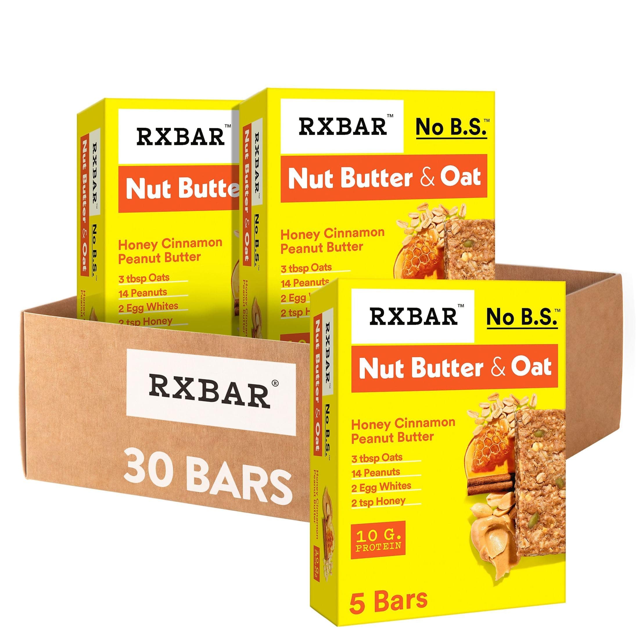Nut Butter and Oat Protein Bars, Protein Snacks, Honey Cinnamon Peanut Butter (6 Boxes, 30 Bars)
