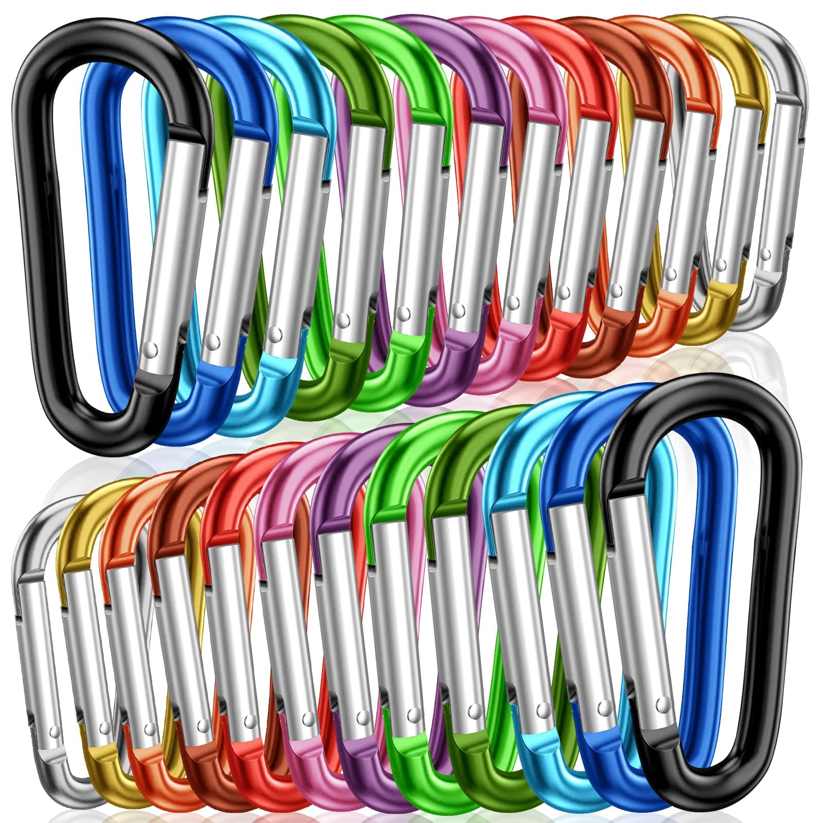 2" Aluminum D Ring Carabiners Clip D Shape Spring Loaded Gate Small Keychain Carabiner Clip Set Outdoor Camping Mini Lock Snap Hooks Spring Link Key Chain Durable Improved 24 PCS