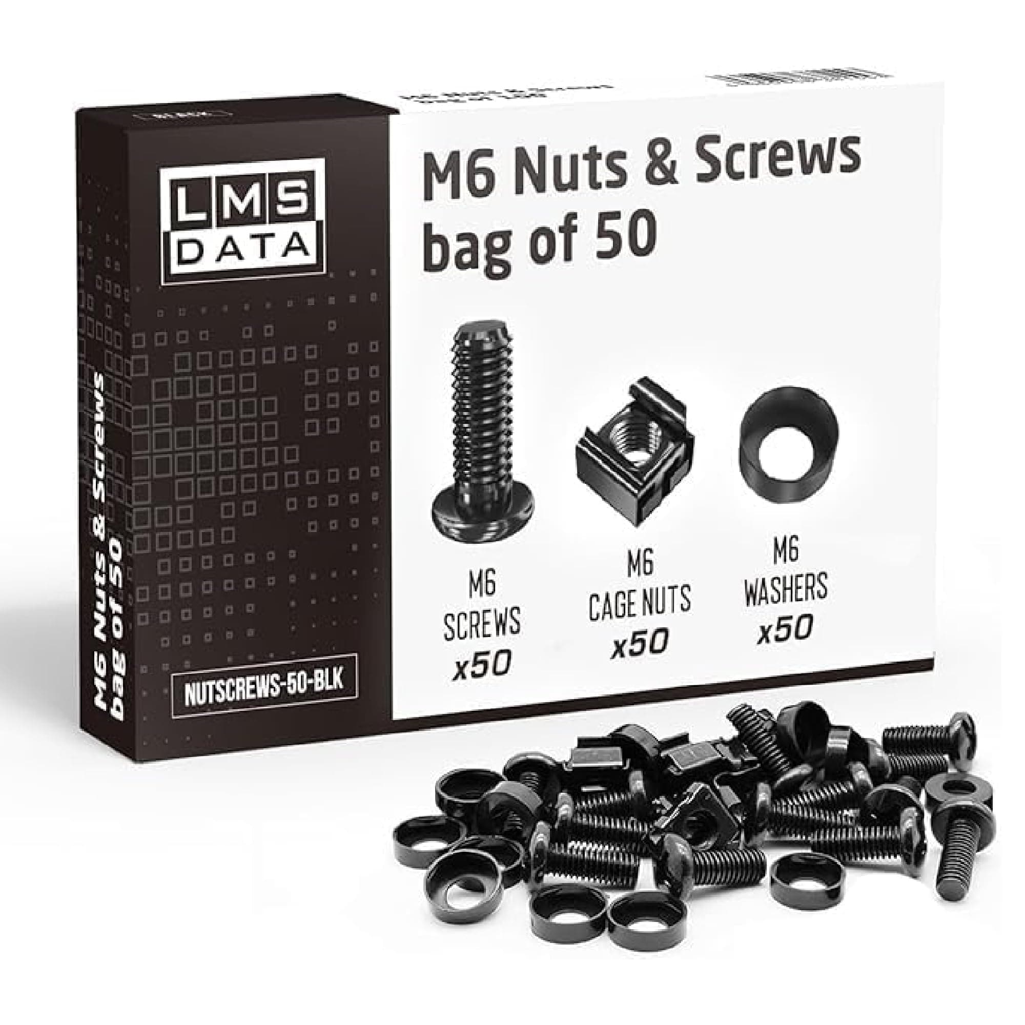 LMS Data M6 Cage Nuts Screws and Washers Set - 50 Pack Black Assortment Nuts and Bolts Kit for Rack Mount Data Cabinets, Server Shelves Fixing and Installation