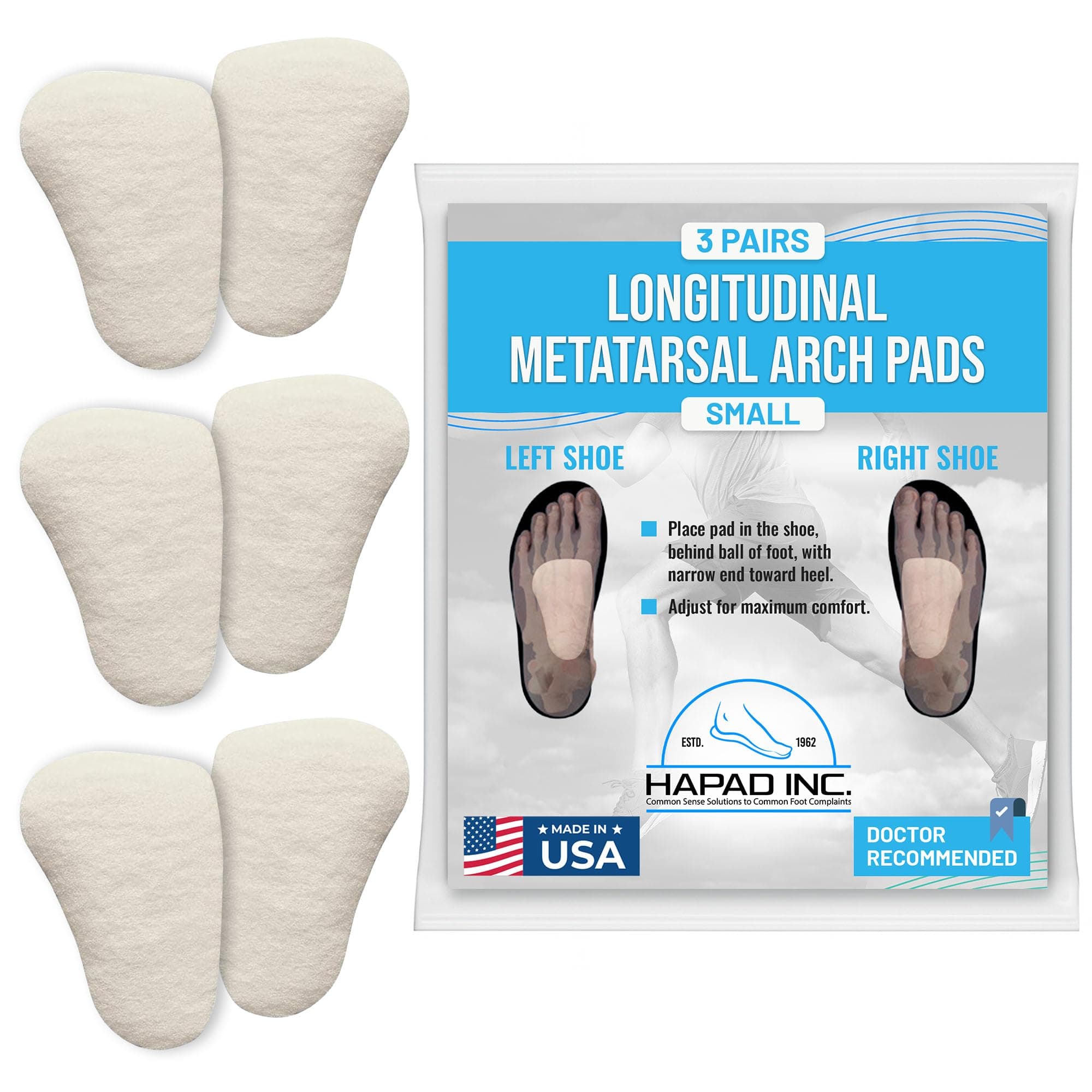 Metatarsal Pads Small, 3/8 Thick (Pack of 3 Pairs) - Longitudinal Metatarsal Arch Pads Made from 100% Wool Felt for Support, Comfort and Foot Pain Relief