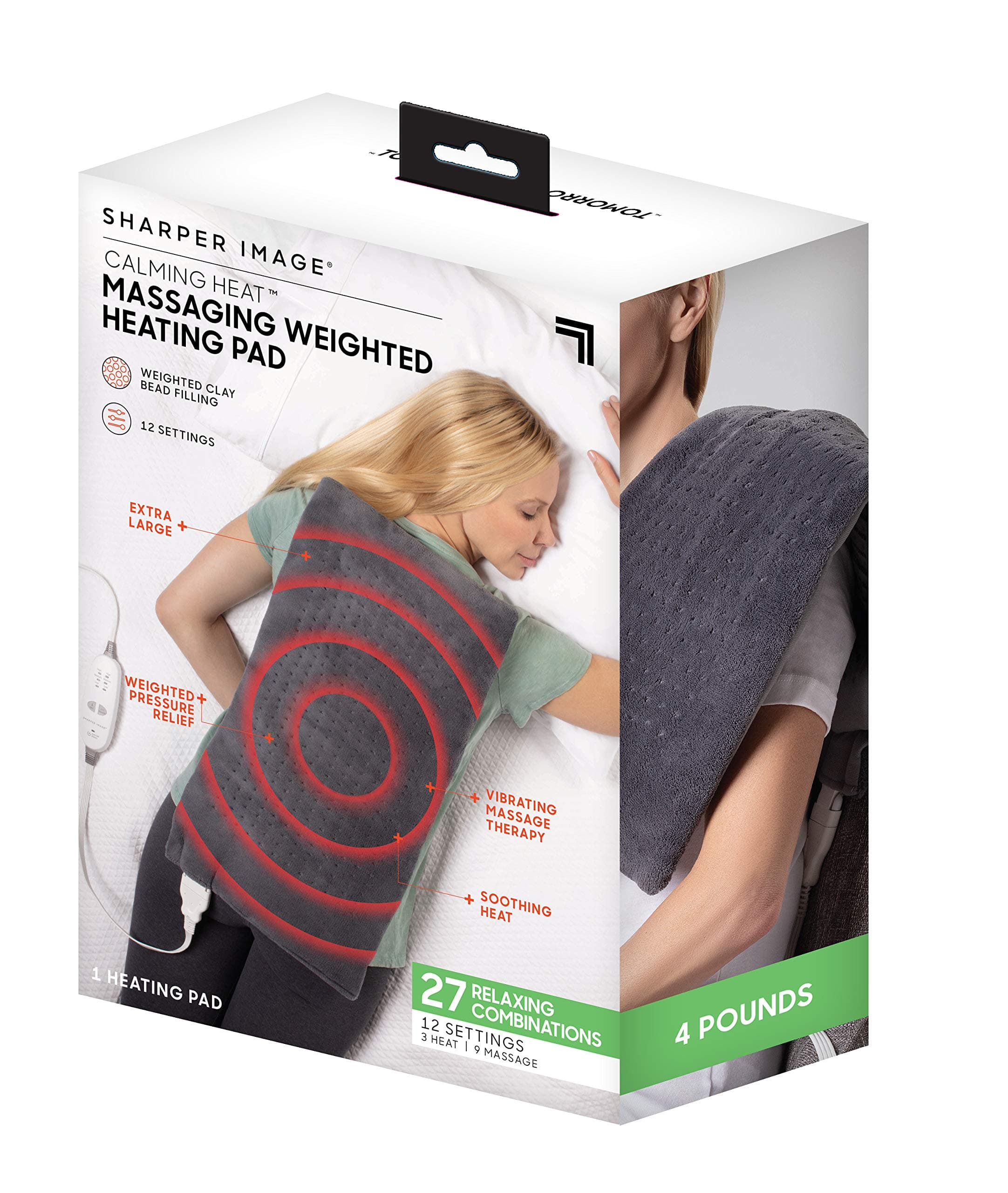 Calming Heat Massaging Vibrations Weighted Heating Pad by Sharper Image | Auto Shut-Off Feature, Gift for Holidays, Women & Men | 3 Heat, 9 Massage, 12” x 24”, 4 lbs