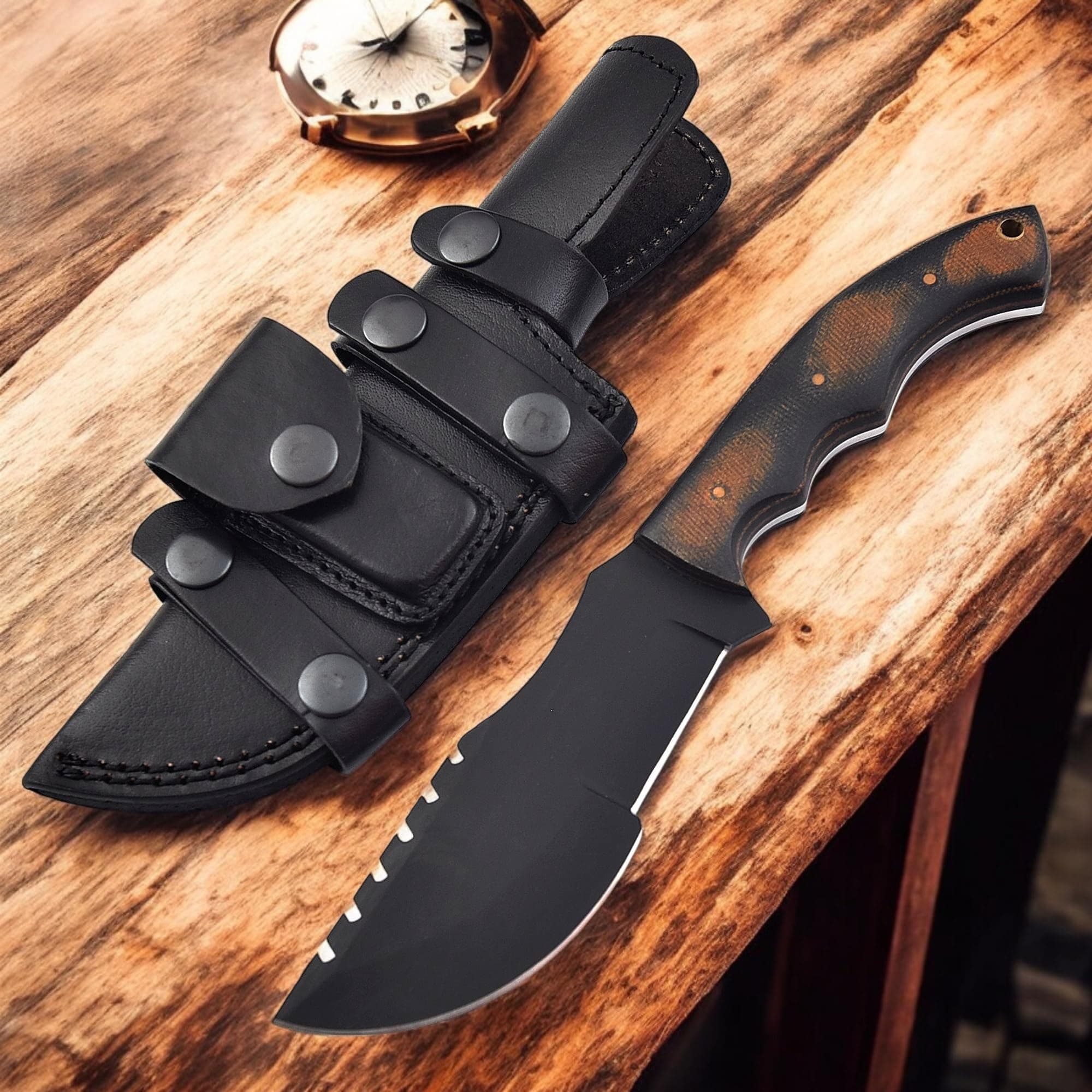 Poshland Handmade D2 Steel Tracker Knife, Fixed Blade Survival, Camping, Tactica,Black Tracker Design with Horizontal Carry Leather Sheath, Durable Outdoor Knife for Adventurers