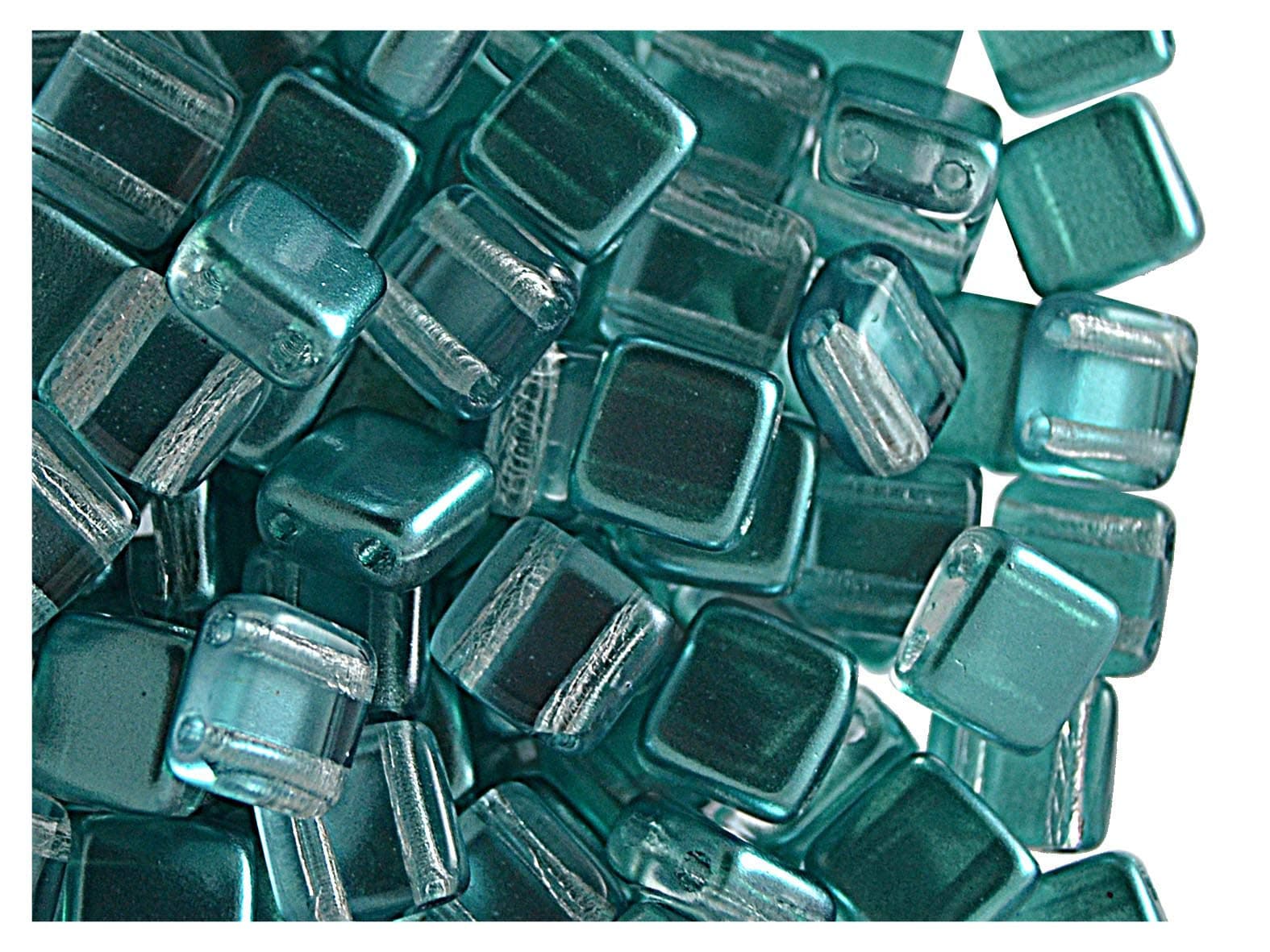 40 Pieces Czech Pressed Glass Beads Tile 6x6x3.2mm, Two Holes, Pearl Coating Estrela, Blue- Green