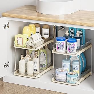 2-Tier Multi-Purpose Bathroom Under Sink Organizers and Storage, Stackable Kitchen Pantry Organization, Pull Out Medicine Cabinet Organizer with Movable Dividers, Beige, 2 Pack